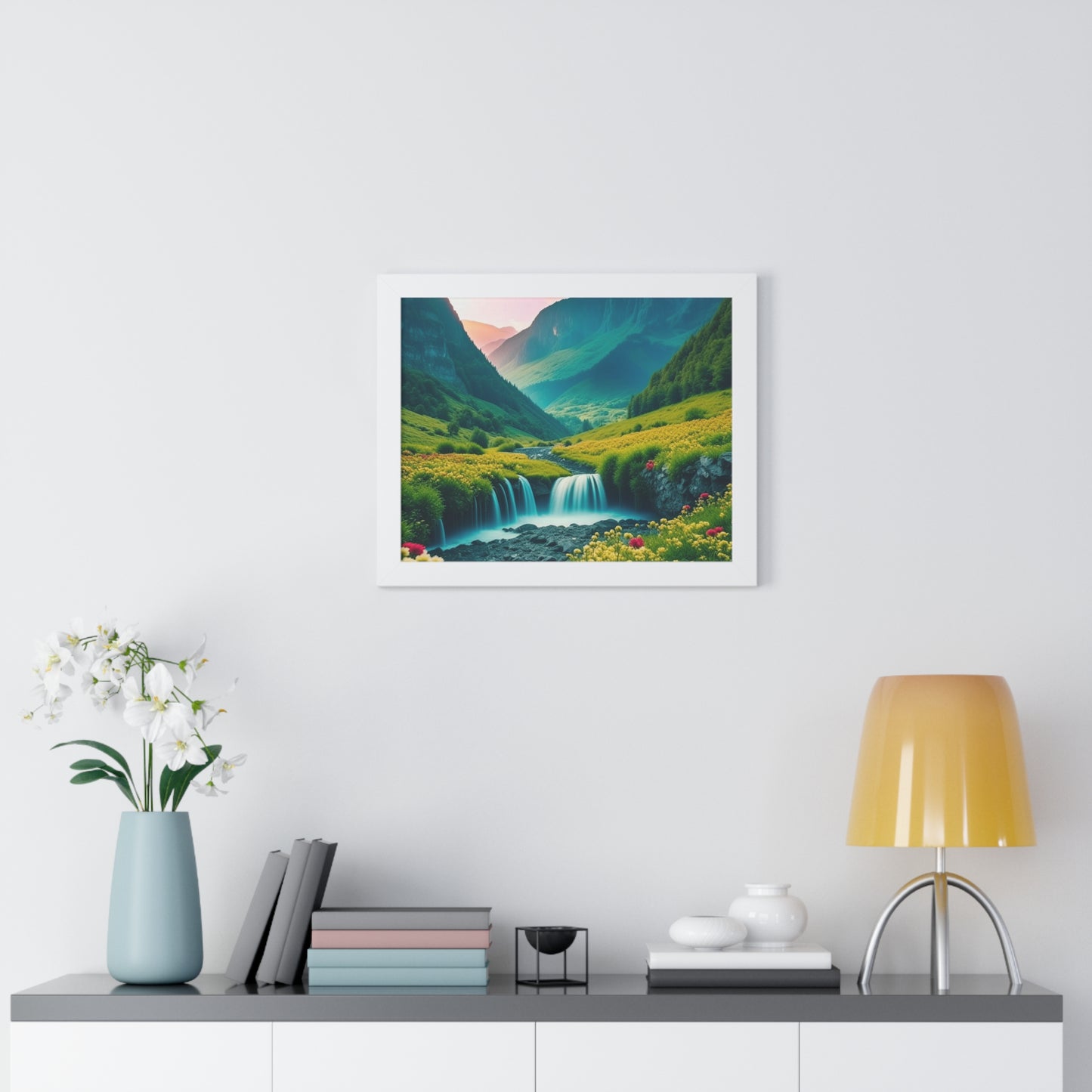 Beautiful Mountain Valley Framed Poster, Waterfall Nature Scene Picture, Flower Blossom Spring Wall Hanging, Flowing River Office Scenery