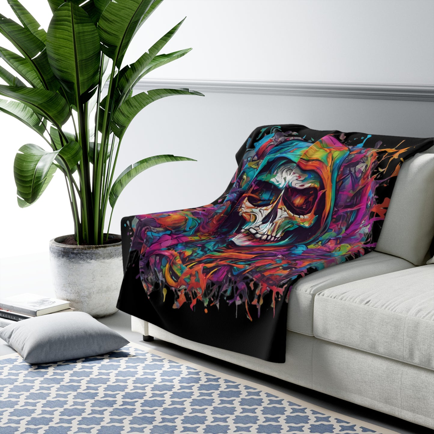 Abstract Art Blanket | Masters of the Universe Inspired Sherpa Fleece | Rainbow Psychedelic Skull Couch Throw | Evil Scareglow Skeletor Gift