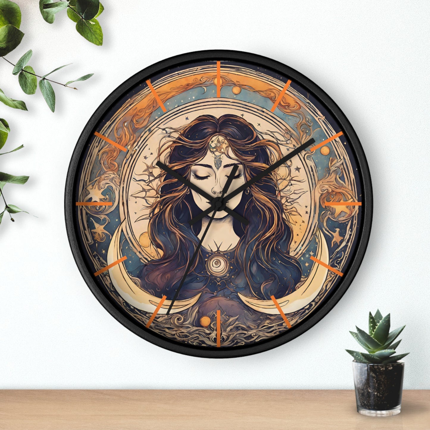 Sun & Moon Goddess Wall Art Clock | Lunar Stars and Space Astronomy Wall Hanging | Keeper of Time Home Office Solar System Wall Decor Gift