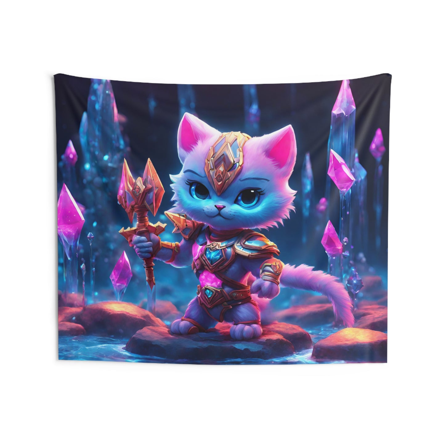 Warrior Cat Crystal Cavern Tapestry, White Armored Kitten Golden Weapon Wall Hanging, Pink Rock Mystical Cave River Graphic Tapestry