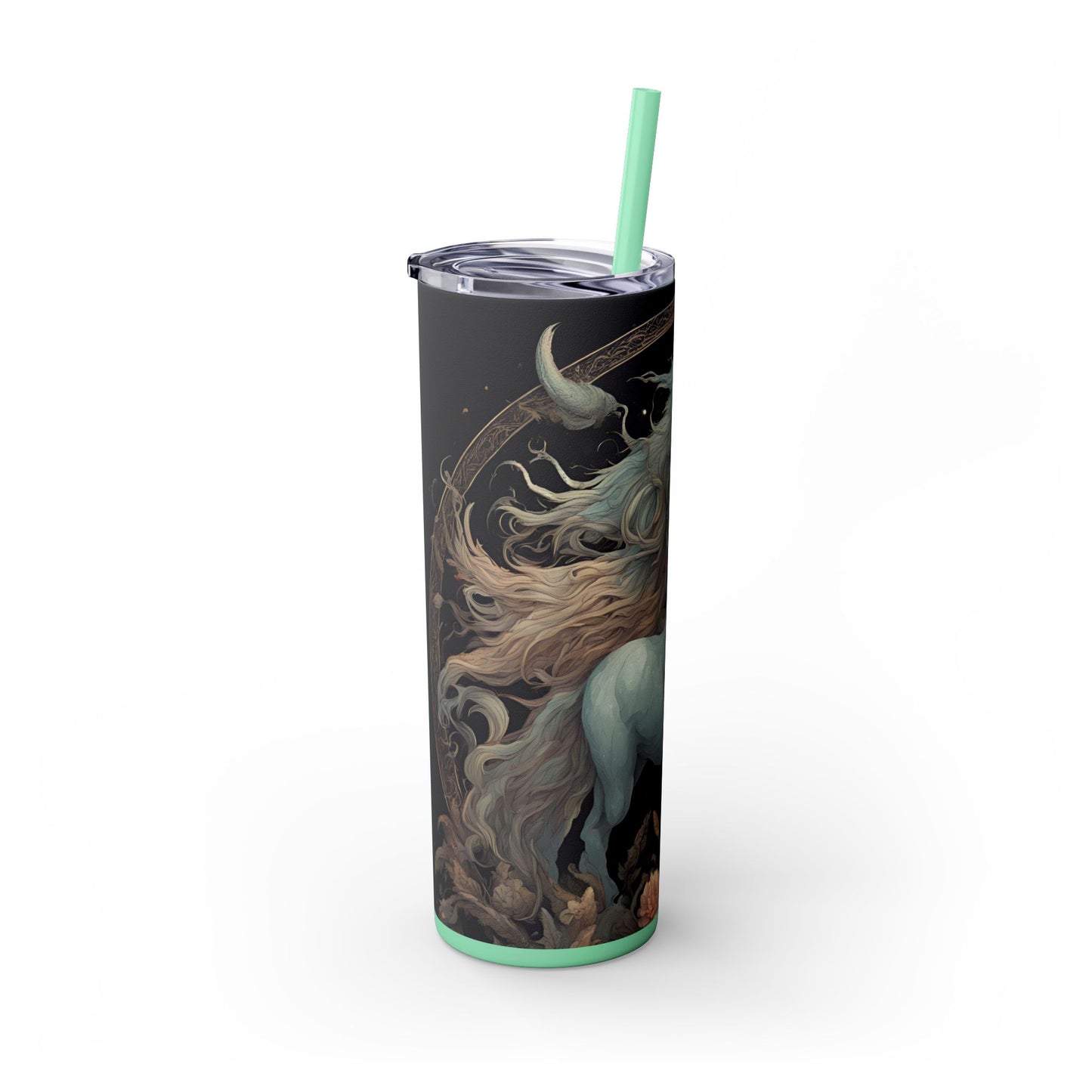 Majestic Myths Skinny Tumbler | Horned Goat Horse Drinking Cup | Floral Flower Night Sky Moon Fantasy Road Trip Exercise Traveler