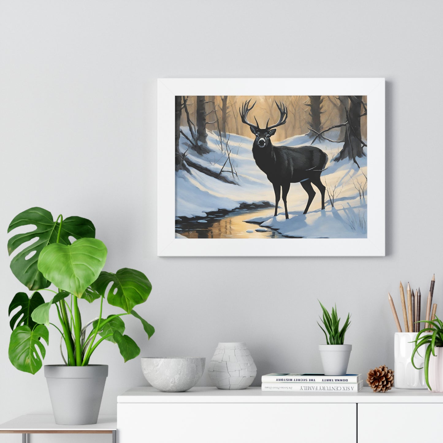 Animal Wall Art, Deer Hunter Picture, Big Buck Print, Woods, Creek, Shadow Wall Hanging, Sunset Snow Image, Living Room Poster, Framed Art