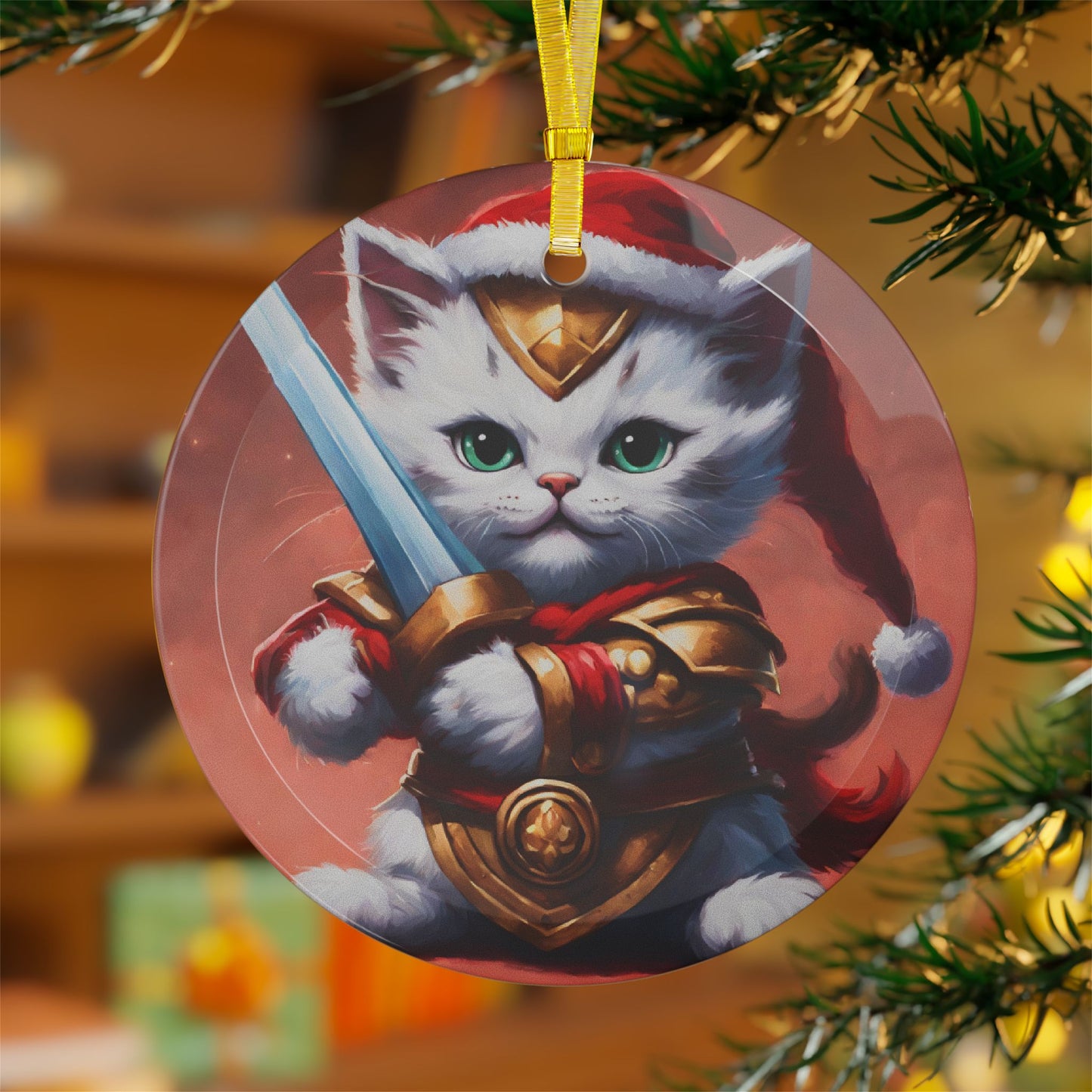 Kitten Christmas Ornament, Holiday Tree Decoration, Adorable Cat Gift, Round Glass Keepsake, KITTEN WARRIOR