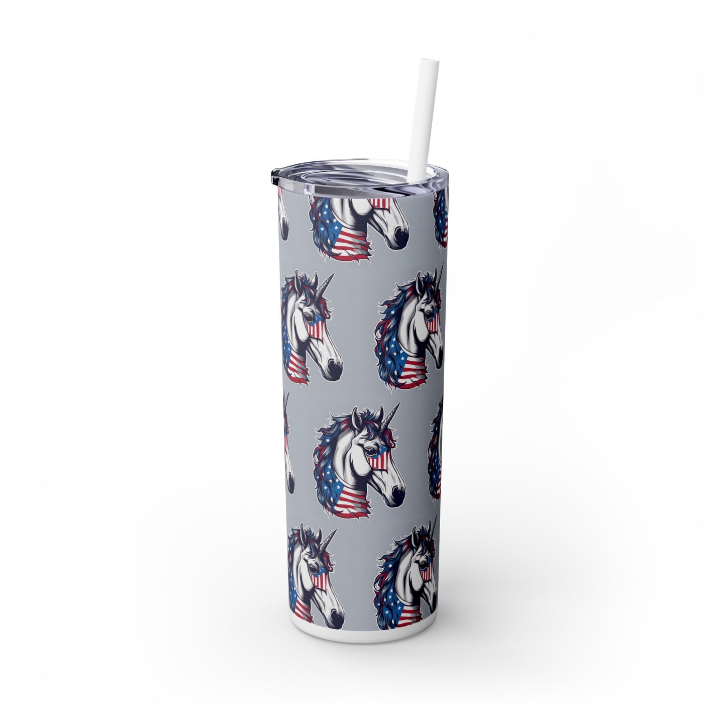 Patriotic American Unicorn Skinny Tumbler | United States Freedom Loving Horse Insulated Cup | US Flag Veteran Gift Patriot Drink Traveler