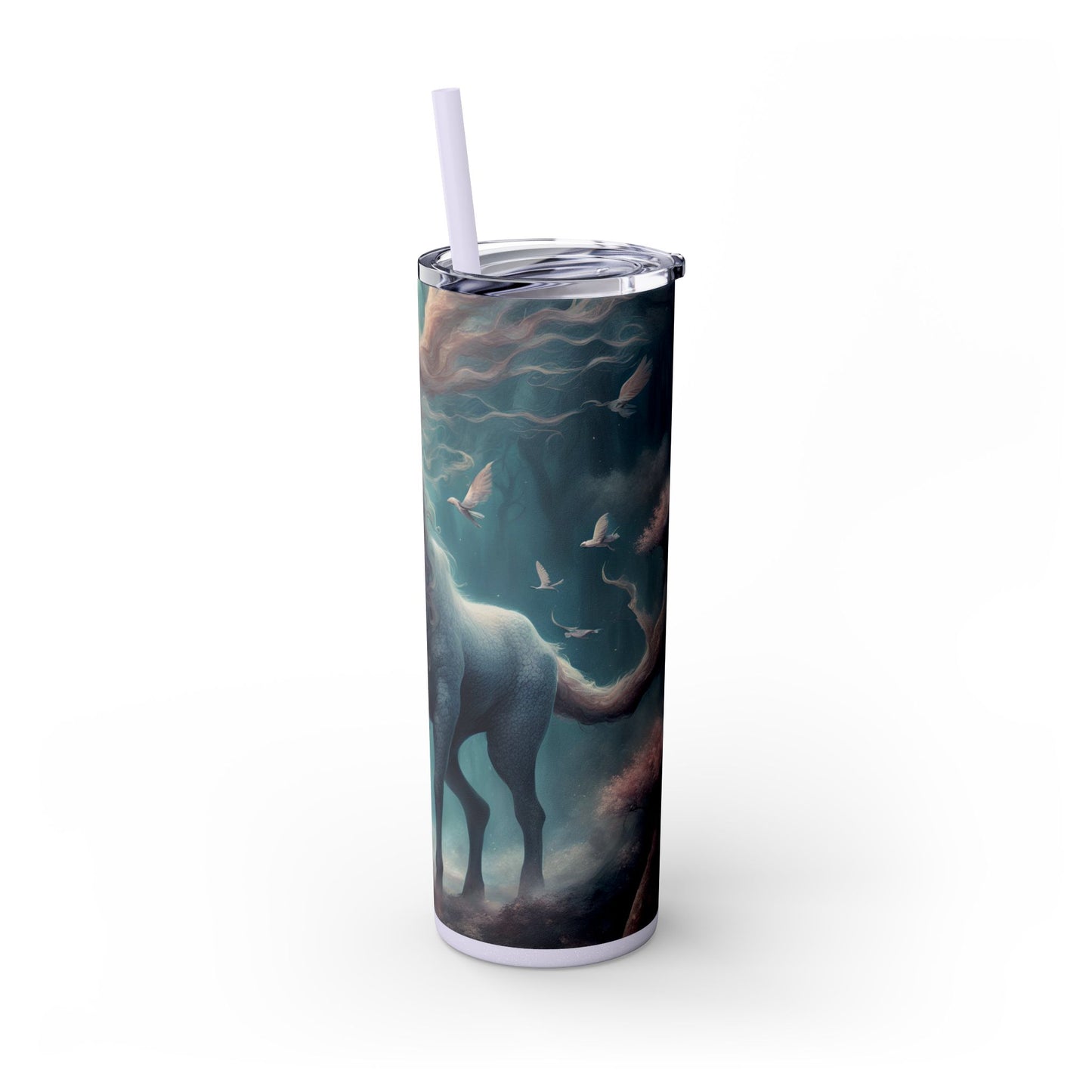 Majestic Myths Skinny Tumbler | Floral Flower Forest Horned Horse Insulated Cup | Mystical Maned Goat Fantasy Drink Travel Exercise Gift