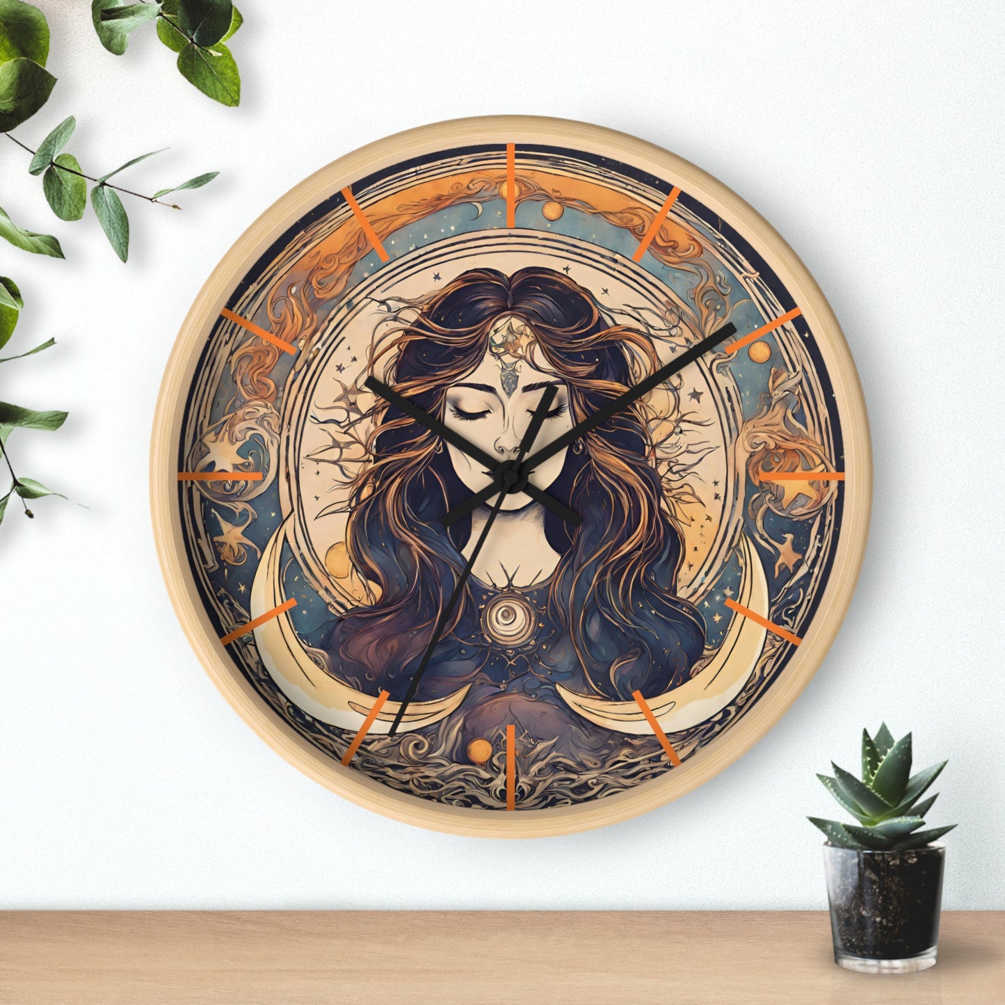 Sun & Moon Goddess Wall Art Clock | Lunar Stars and Space Astronomy Wall Hanging | Keeper of Time Home Office Solar System Wall Decor Gift