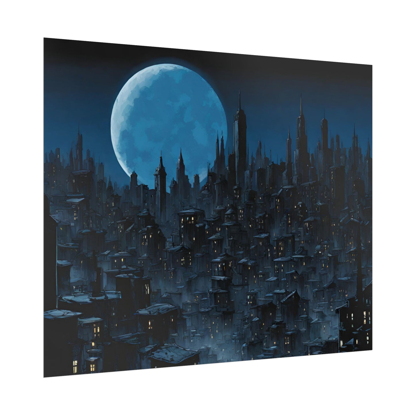 Wall Decor | Dark City Of The Night Poster | Blue Moon Darkness Falls Art | Gothic Lunar Moonlight Skyline | Living Room or Office Decor