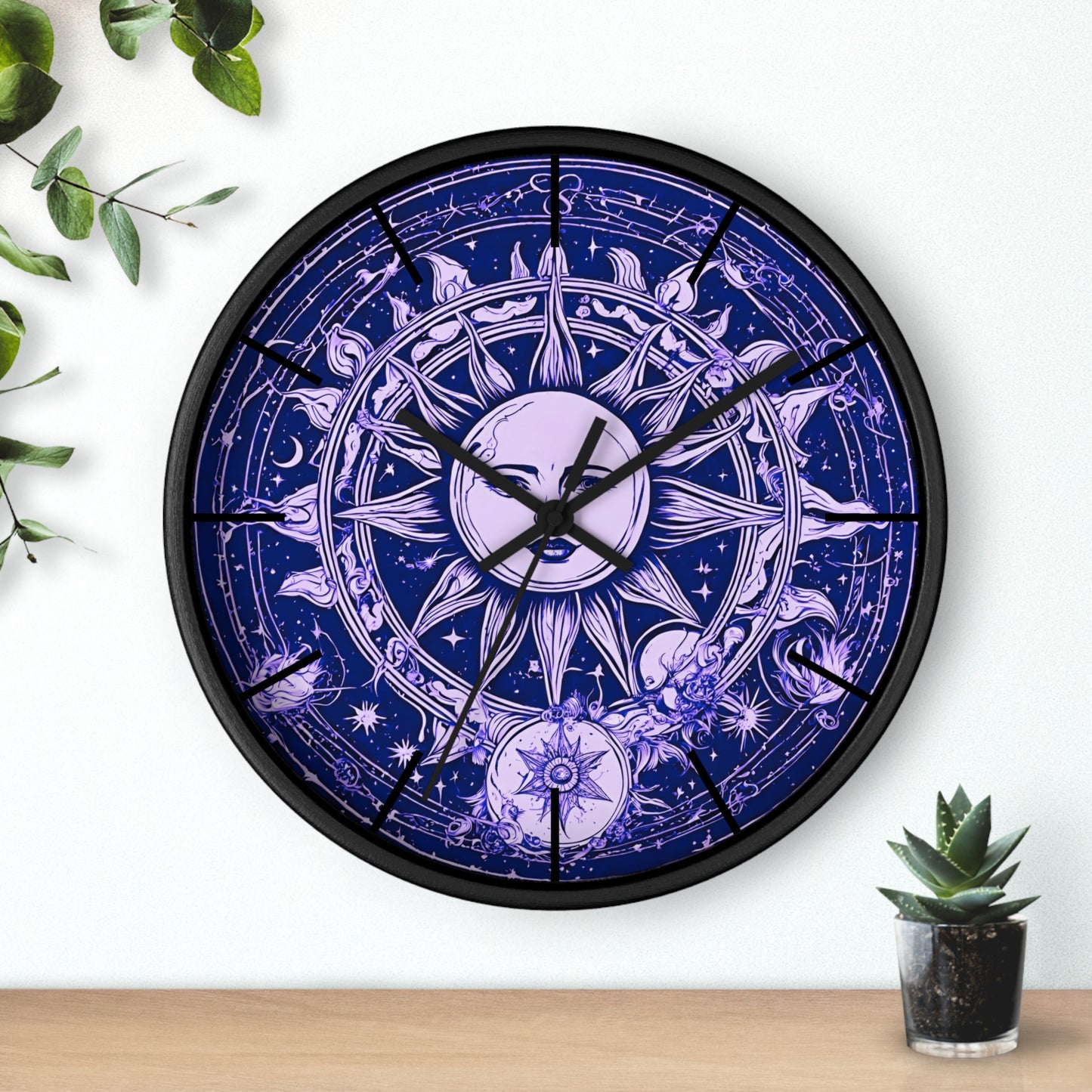 Amethyst Sun Wall Art Clock | Celestial Solstice Astronomy Wiccan Hanging | Moon & Constellations Home Office Solar System Pagan Decor Gift