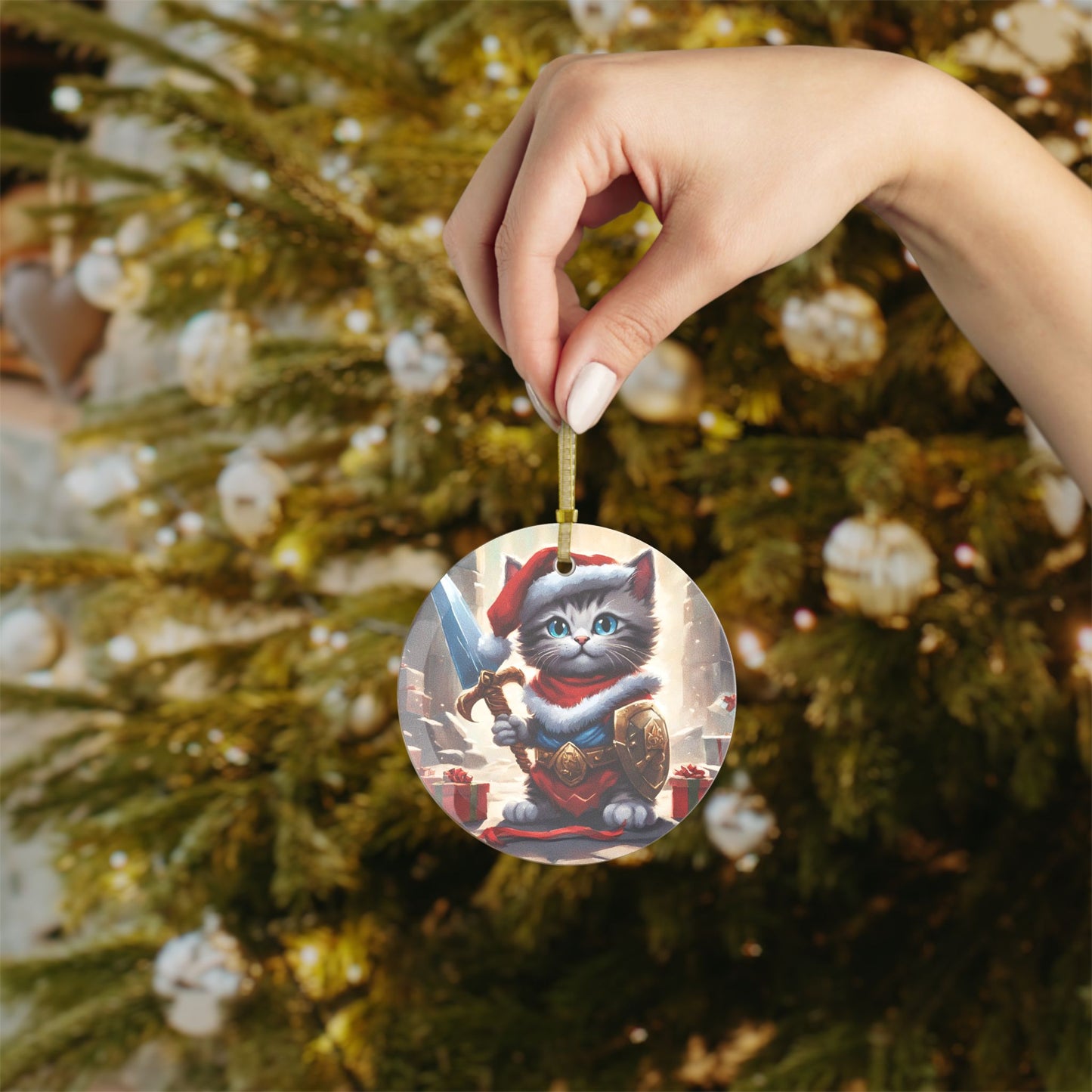 Kitten Christmas Ornament, Holiday Tree Decoration, Adorable Cat Gift, Round Glass Keepsake, KITTEN WARRIOR