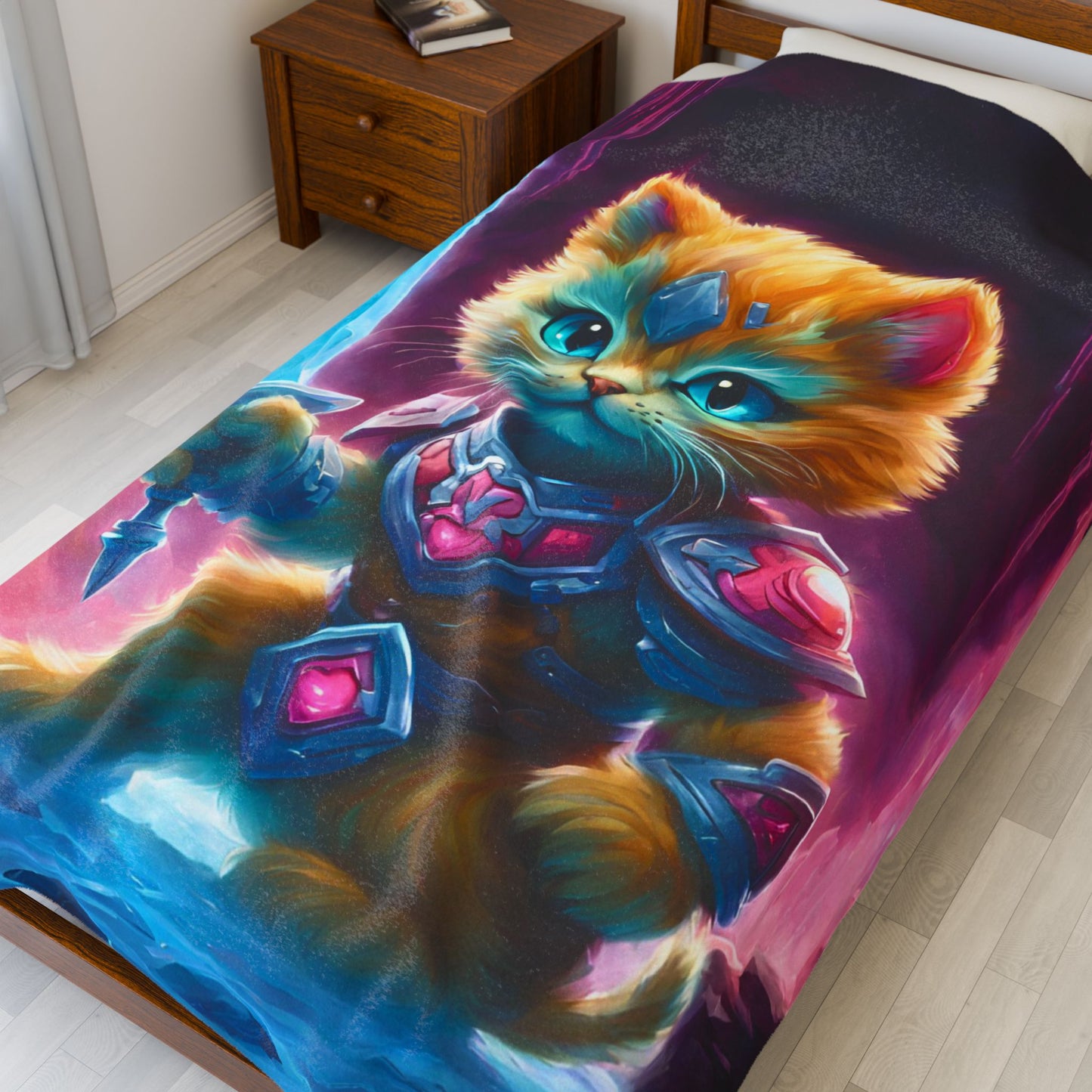 Warrior Cat Blanket, Waterfall Cat Plush Throw Blanket, Neon Sword Seeker, Armored Kitty Bed Cover, Glowing Cave Bedroom Twin Cover