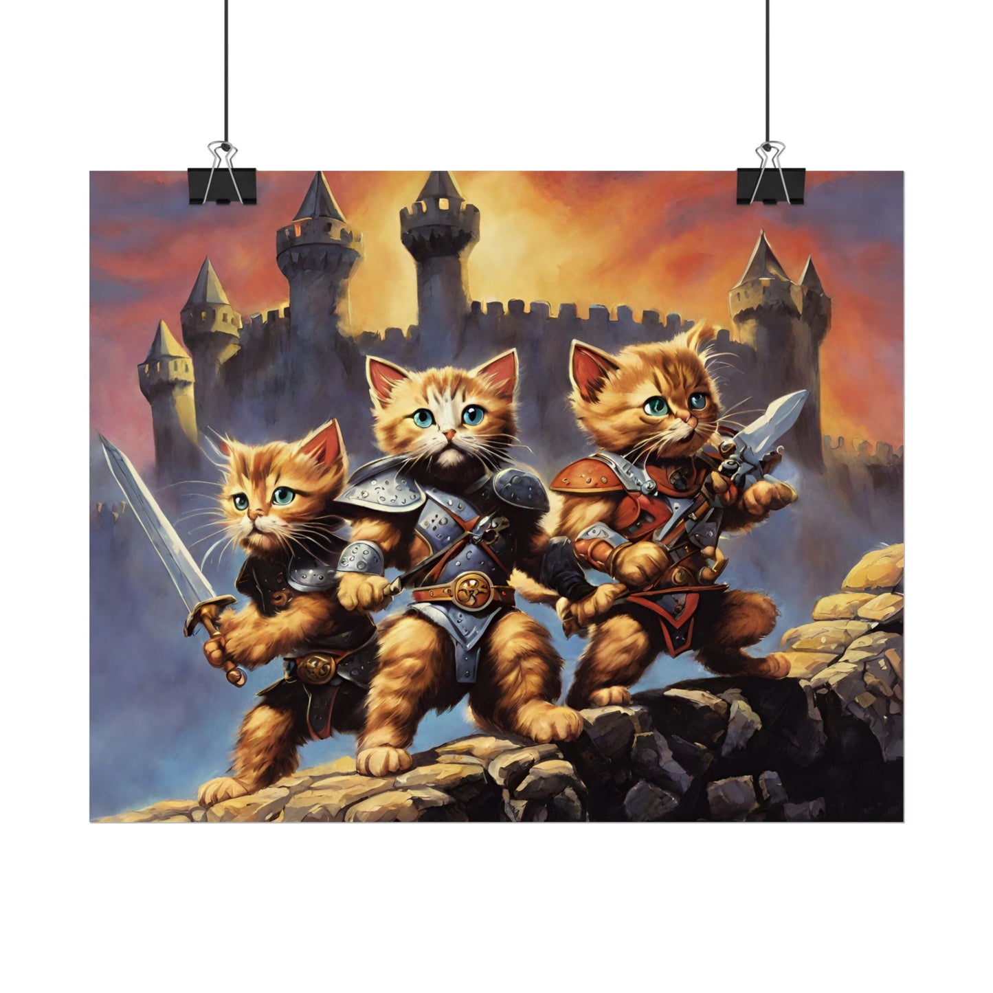 Cat Battler Warrior Poster, Office Bedroom Man Cave Portrait, Sword Wielding Cat Universe, Kitten Fighters Fantasy Wall Hanging