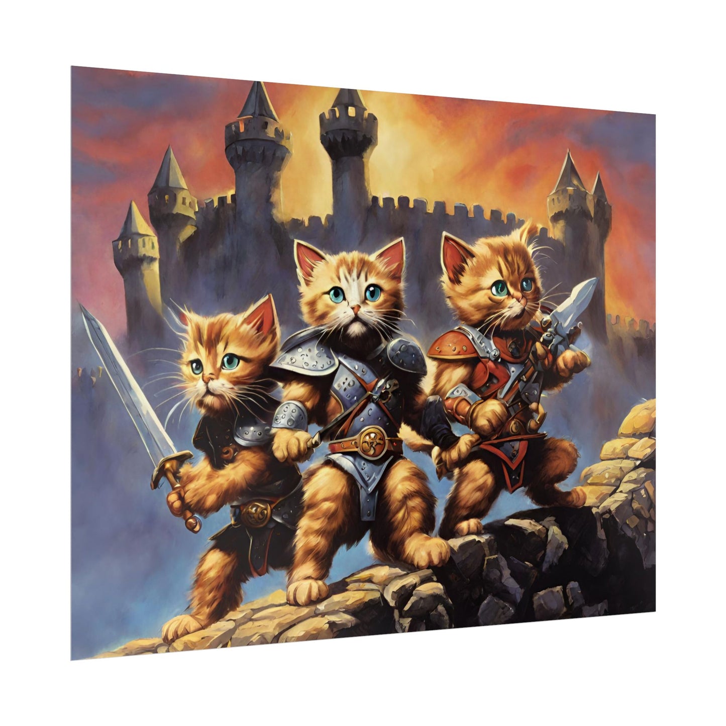 Cat Battler Warrior Poster, Office Bedroom Man Cave Portrait, Sword Wielding Cat Universe, Kitten Fighters Fantasy Wall Hanging