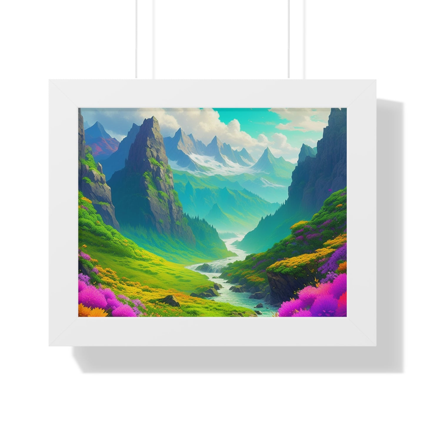 Fantasy Art Flower Mountain Valley, Landscape Framed Poster, Video Game Open World Scene Picture, River Spring Wall Hanging, Office Scenery