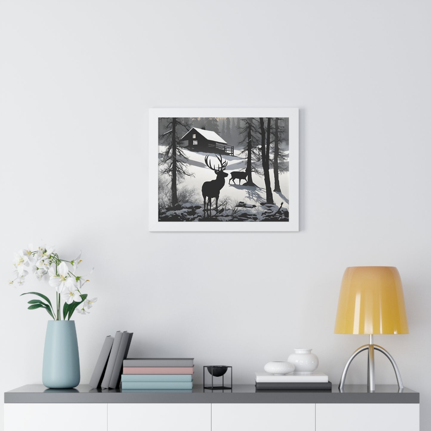 Animal Wall Art, Deer Hunter Picture, Buck Print, Hunting Cabin, Shadow Wall Hanging, Winter Snow Image, Living Room Poster, Framed Art