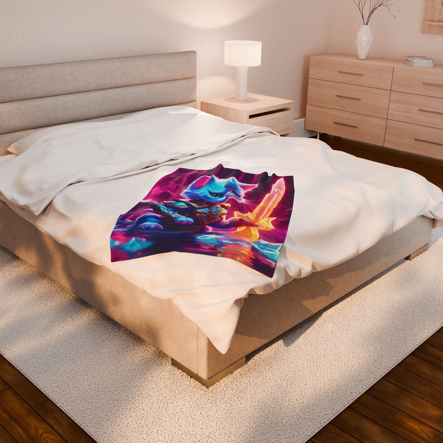 Warrior Cat Crystal Sword Blanket, Glowing Neon Cave Plush Sheet Blanket, Armored Kitten Bed Cover, Shielded Mystic Blade Bedroom Throw
