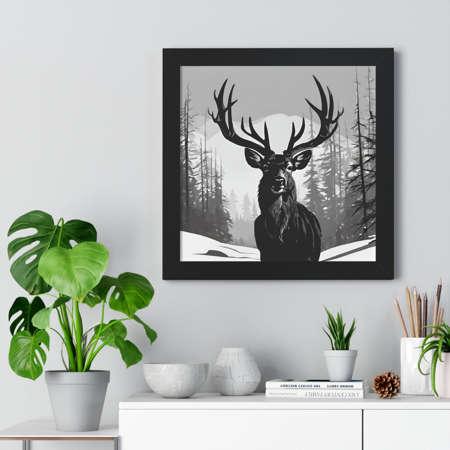 Animal Wall Art, Deer Hunter Picture, Big Buck Print, Hunting Cabin, Shadow Wall Hanging, Winter Snow Image, Living Room Poster, Framed Art