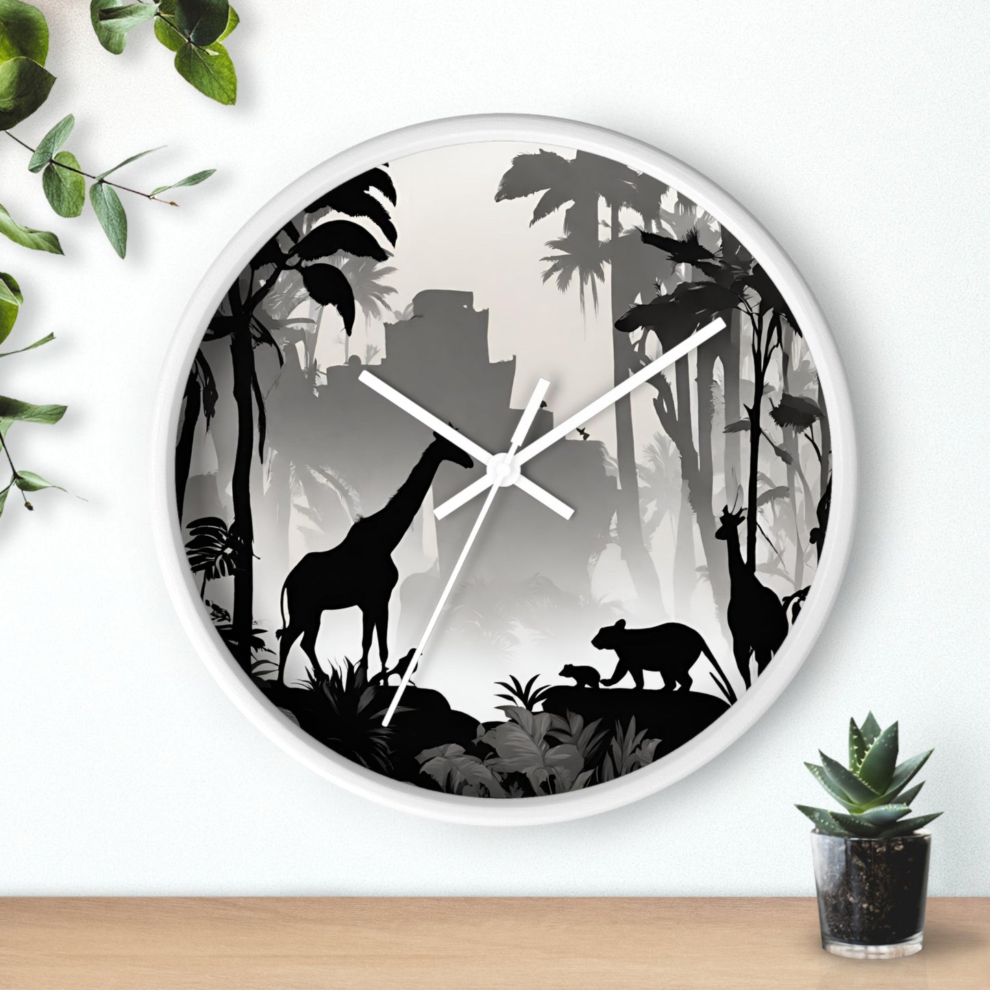 Jungle Giraffes Wall Art Clock | Shadowy Wild Nature Wall Hanging | Home Office Animal Wall Decor Gift