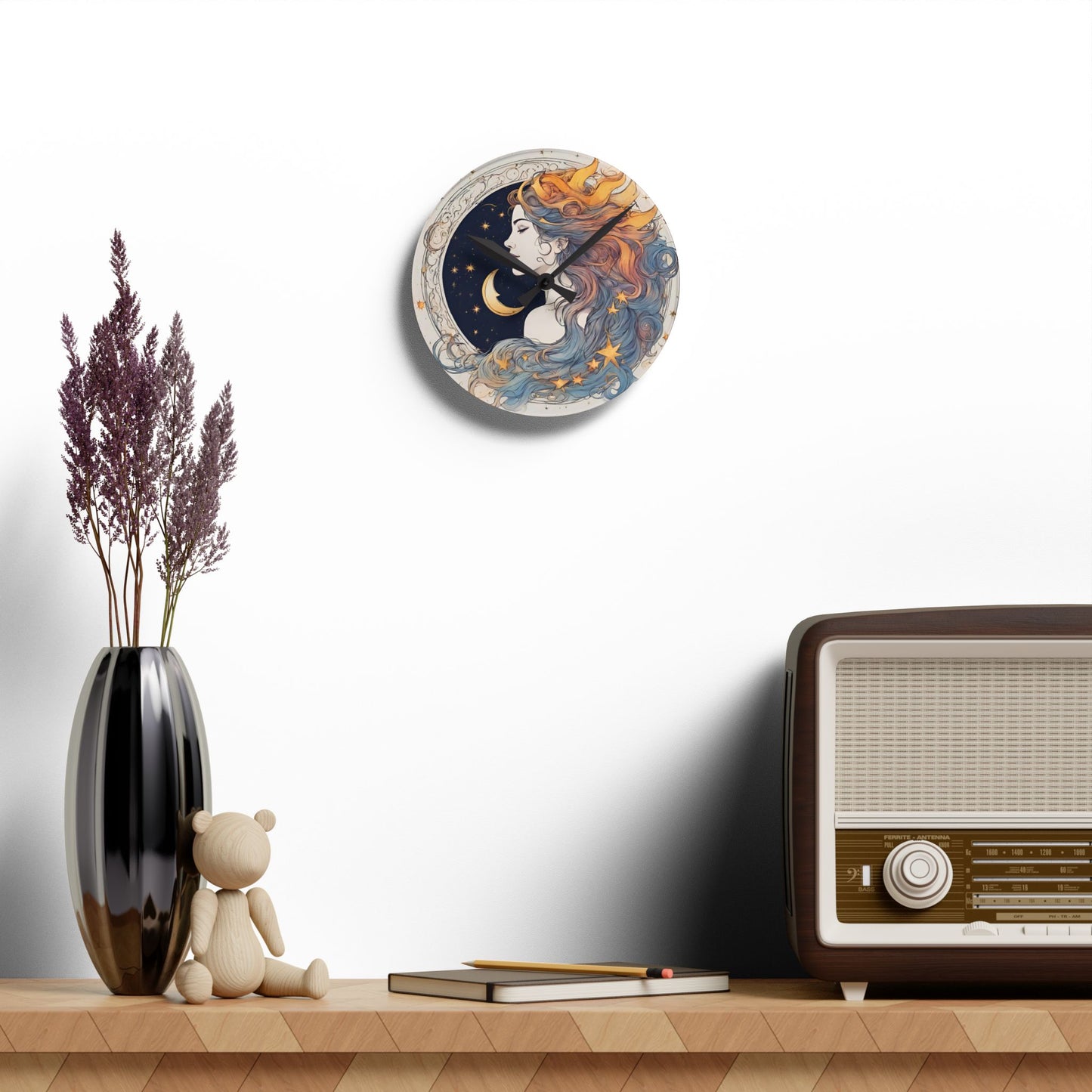 Moon Goddess Acrylic Art Clock | Lunar Stars & Space Astronomy Wall Hanging | Astrology Woman Home Office Solar System Wall Decor Gift