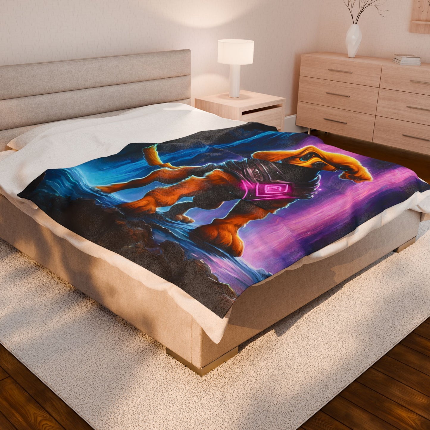 Warrior Puppy Blanket, Waterfall Dog Plush Throw Blanket, Cosmic Neon Armored Pup Bed Cover, Glowing Cave Bedroom Twin Cover
