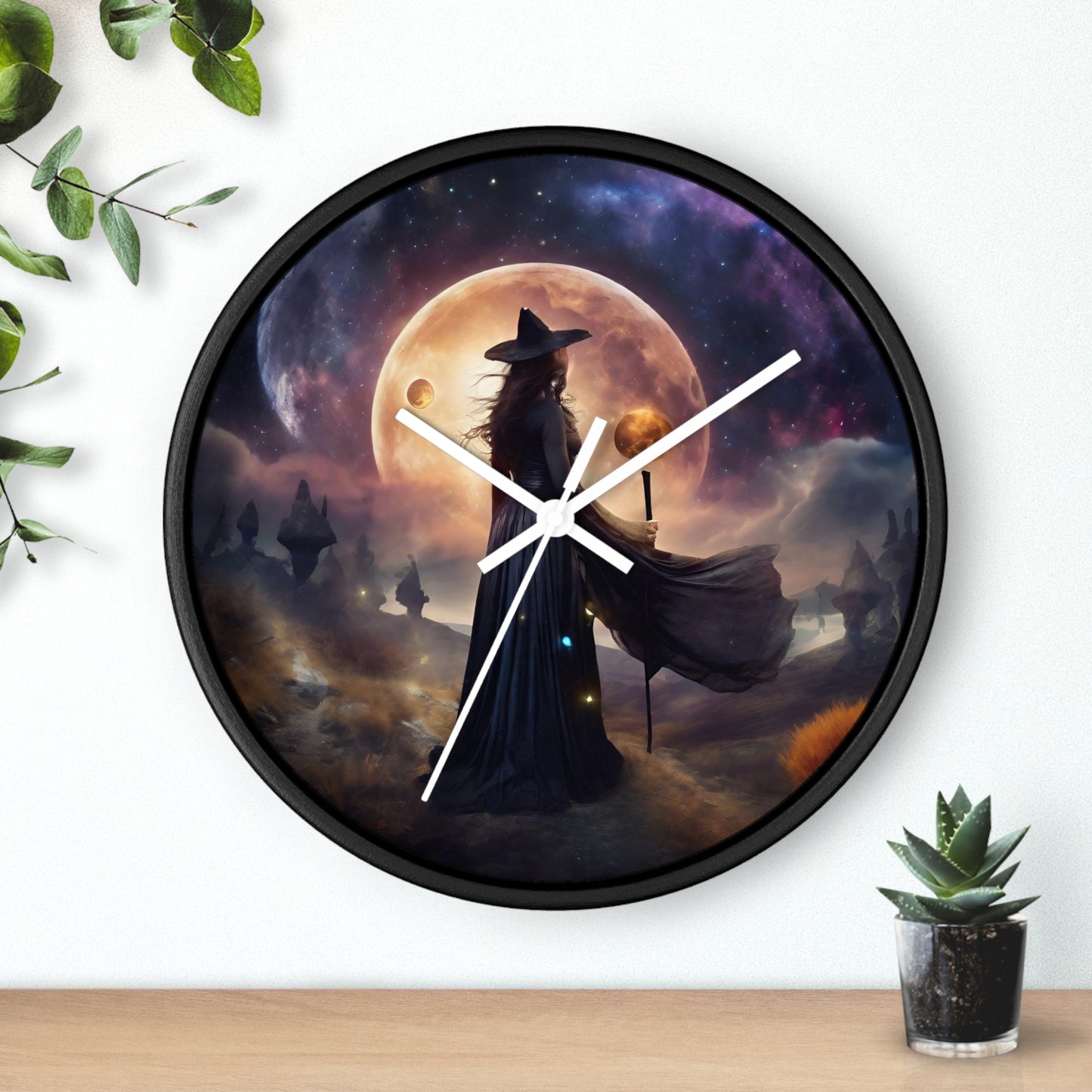 Wiccan Moon Wall Art Clock | Mystical Fantasy Galaxy Witch Pagan Astronomy Wall Hanging | Home Office Lunar Witchcraft Wall Decor Gift