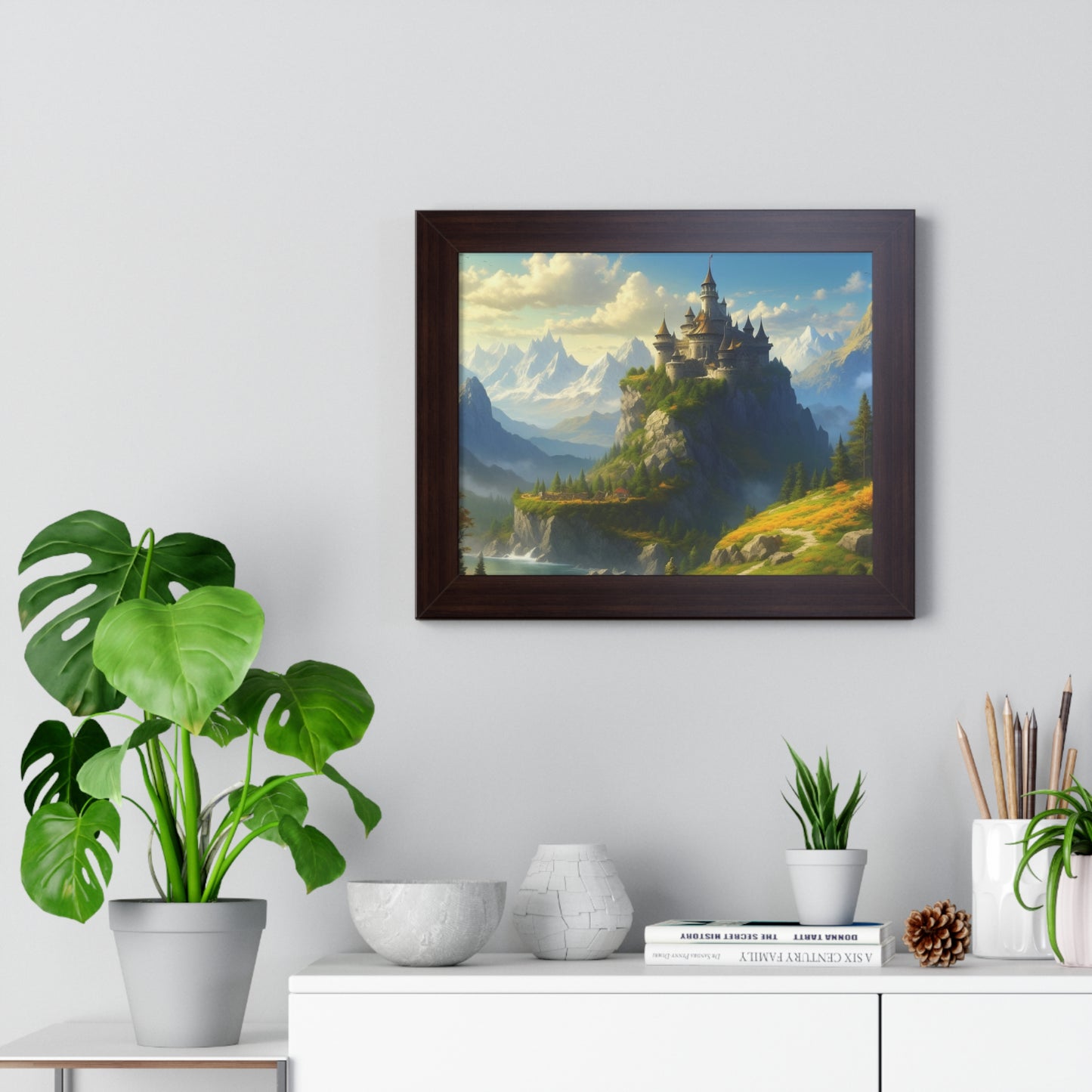 Video Game Fantasy Castle, RPG Valley Framed Poster, Mountain Nature Scene Picture, Open World Style Wall Hanging, Gamer Office Scenery