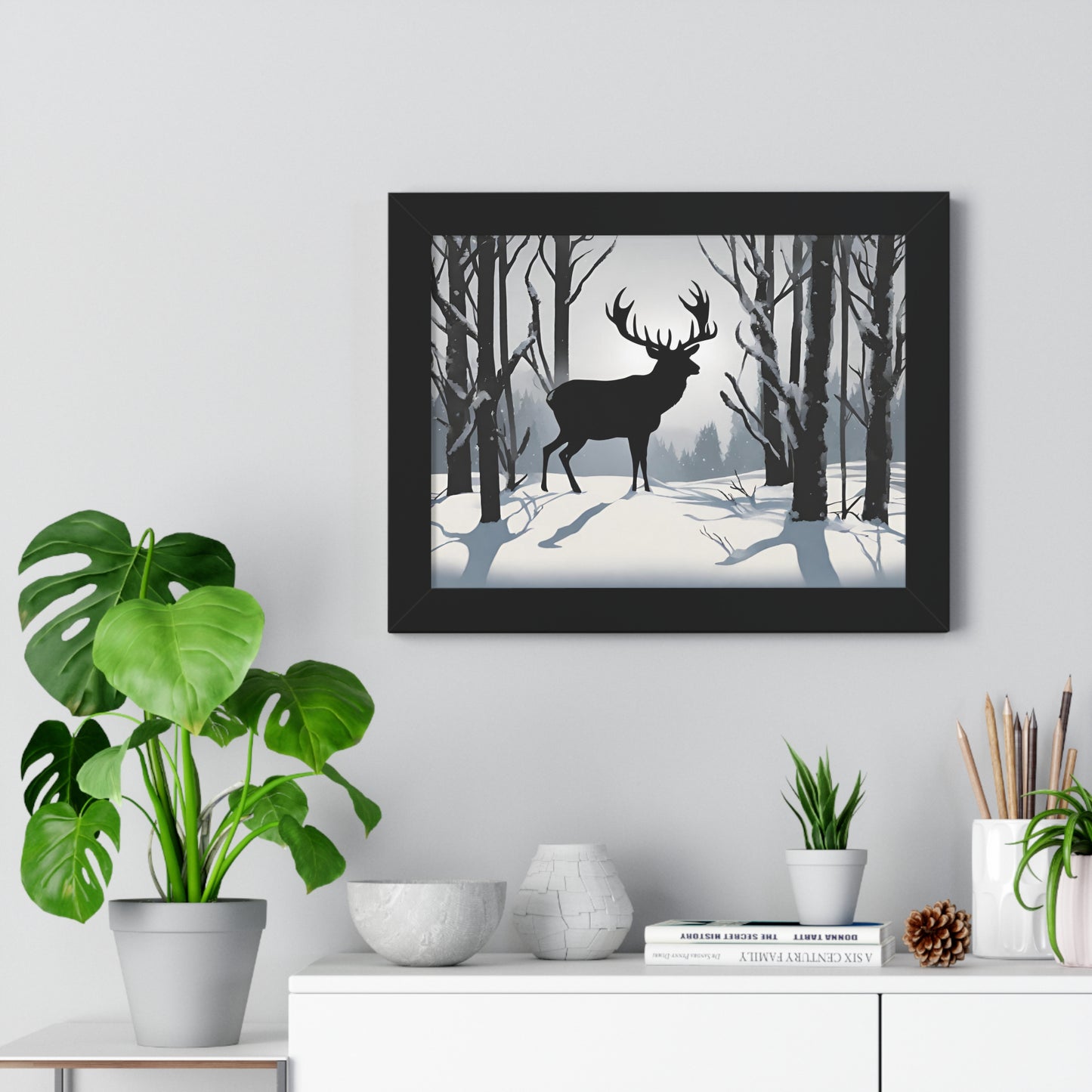 Animal Wall Art, Deer Hunter Picture, Big Buck Print, Hunting Cabin, Shadow Wall Hanging, Winter Snow Image, Living Room Poster, Framed Art