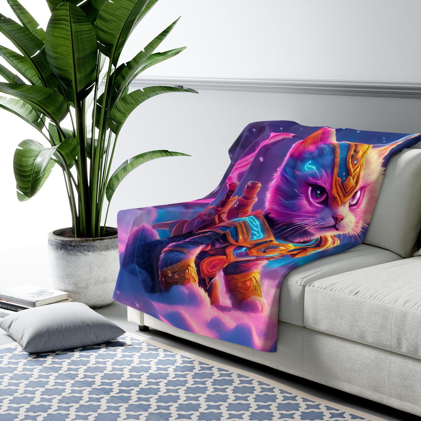 Warrior Cat Blanket, Glowing Kitten Plush Sherpa Blanket, Neon Sword Fleece, Armored Kitty Bed Cover, Winter Fantasy Couch Cover