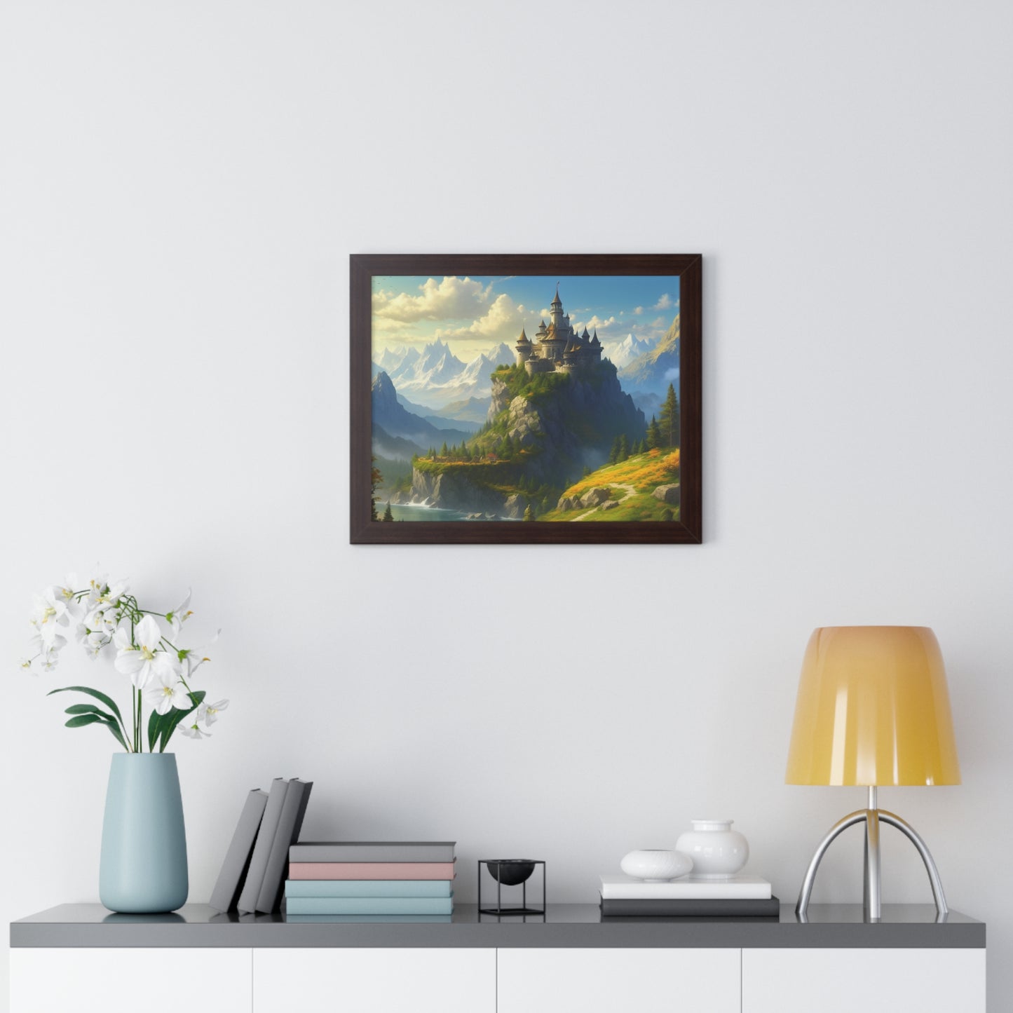 Video Game Fantasy Castle, RPG Valley Framed Poster, Mountain Nature Scene Picture, Open World Style Wall Hanging, Gamer Office Scenery