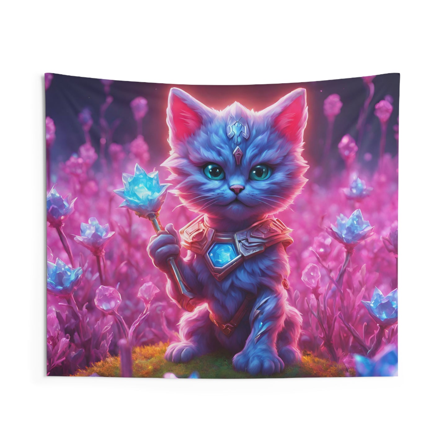 Warrior Cat Crystal Grove Tapestry, Thunder Bolt Armored Kitten Mystical Weapon Wall Hanging, Pink Blue Infused Blossom Field Tapestry