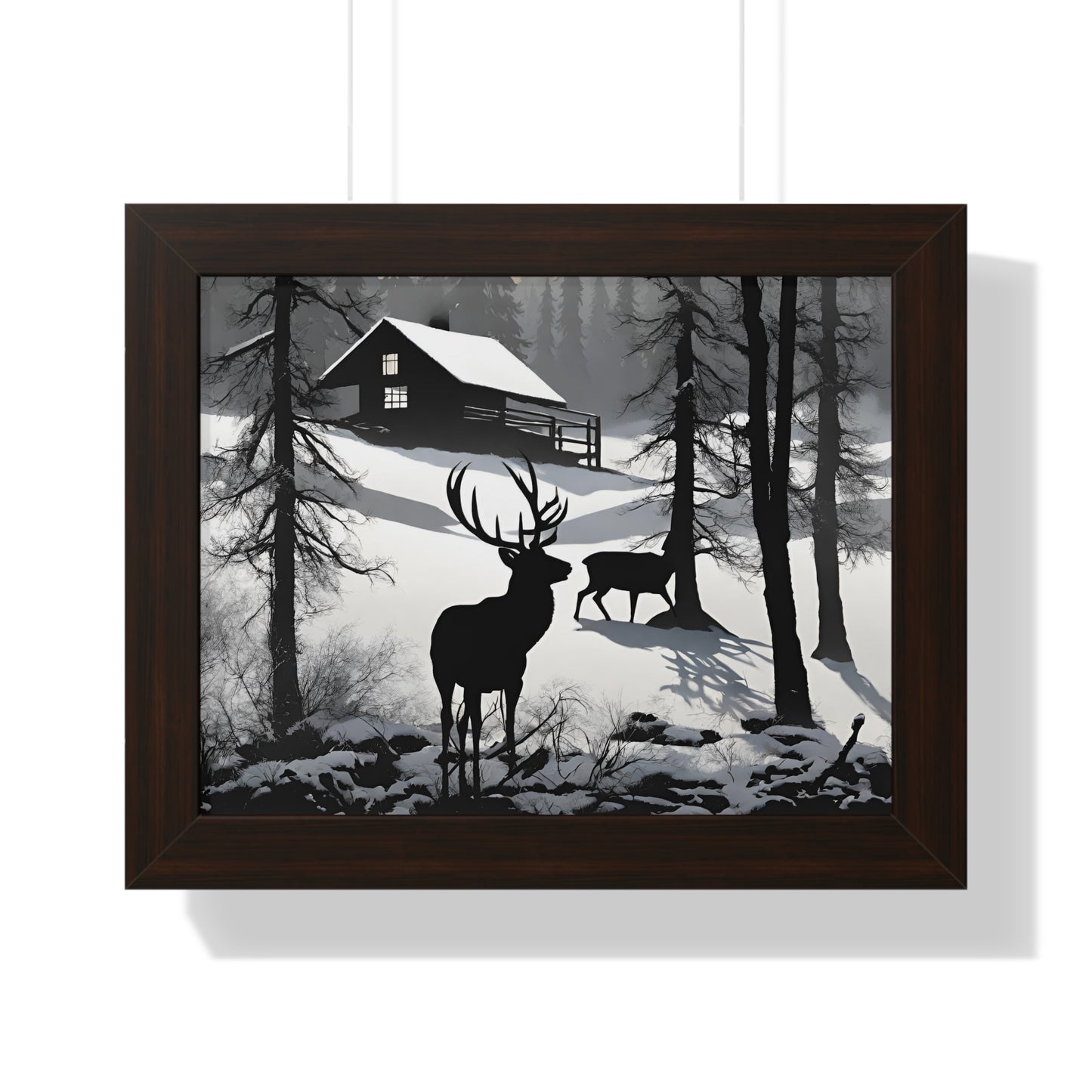 Animal Wall Art, Deer Hunter Picture, Buck Print, Hunting Cabin, Shadow Wall Hanging, Winter Snow Image, Living Room Poster, Framed Art
