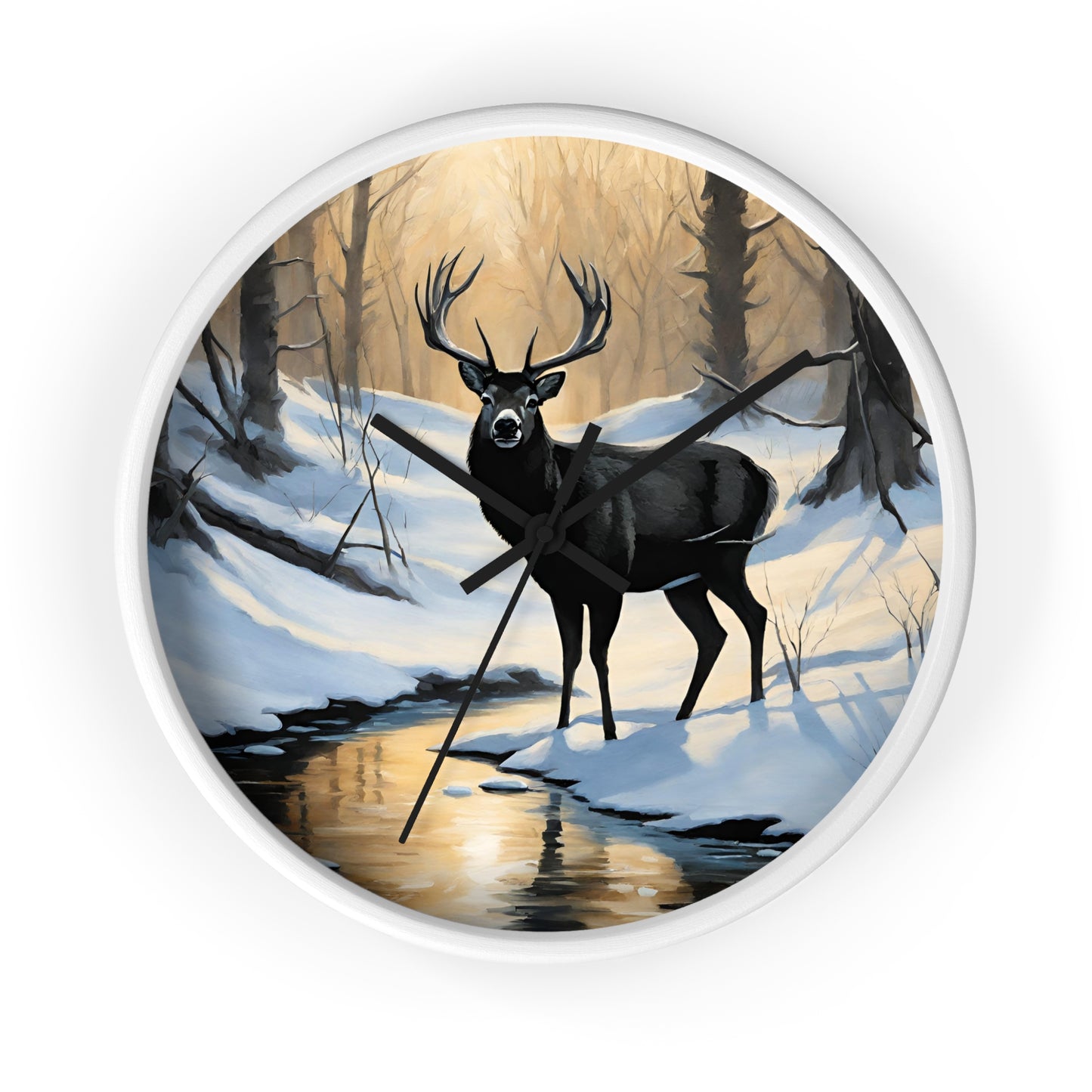 Big Buck Deer Wall Art Clock | Winter Nature Scene Snowy Creek Wall Hanging | Home Office Deer Hunter Lovers Gift