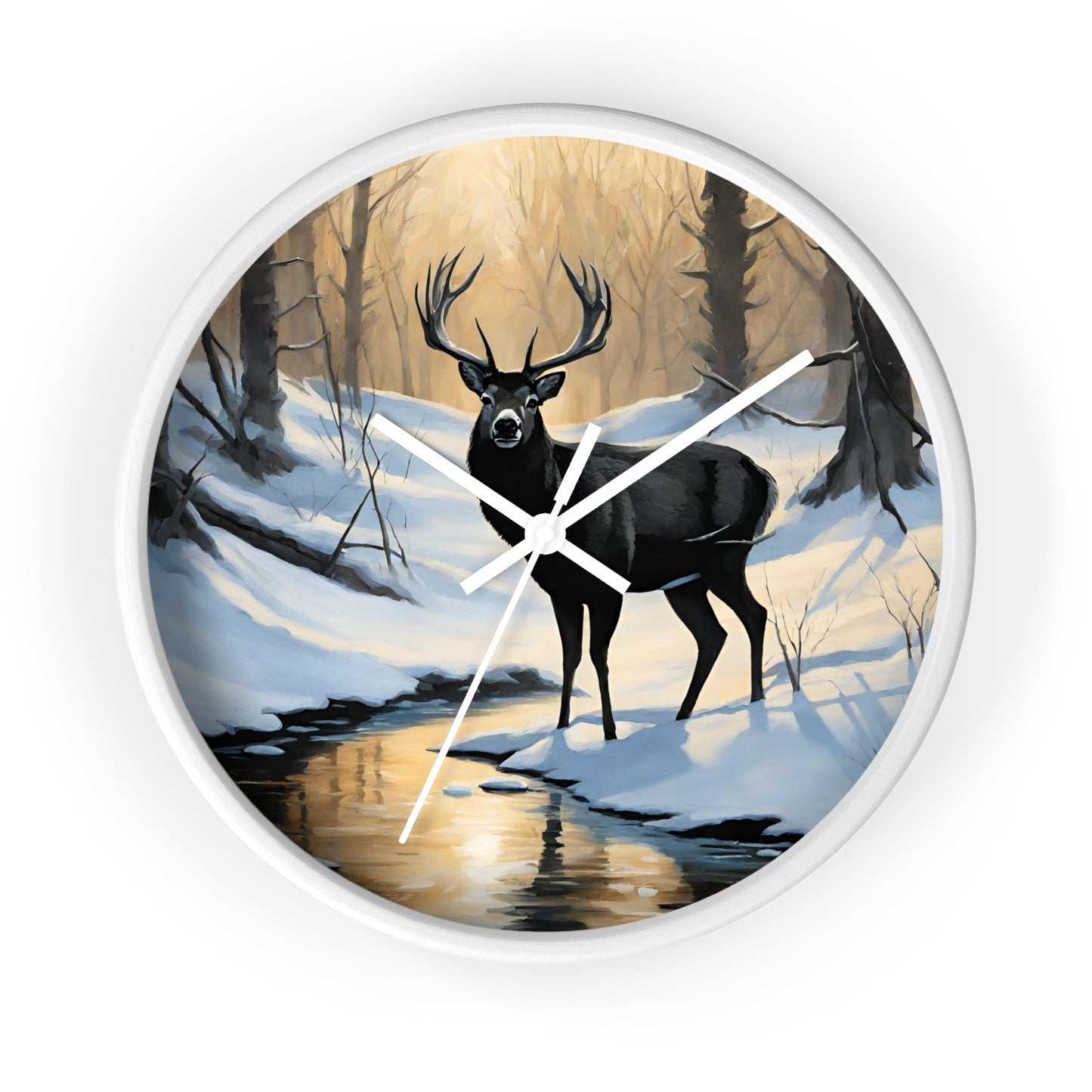 Big Buck Deer Wall Art Clock | Winter Nature Scene Snowy Creek Wall Hanging | Home Office Deer Hunter Lovers Gift