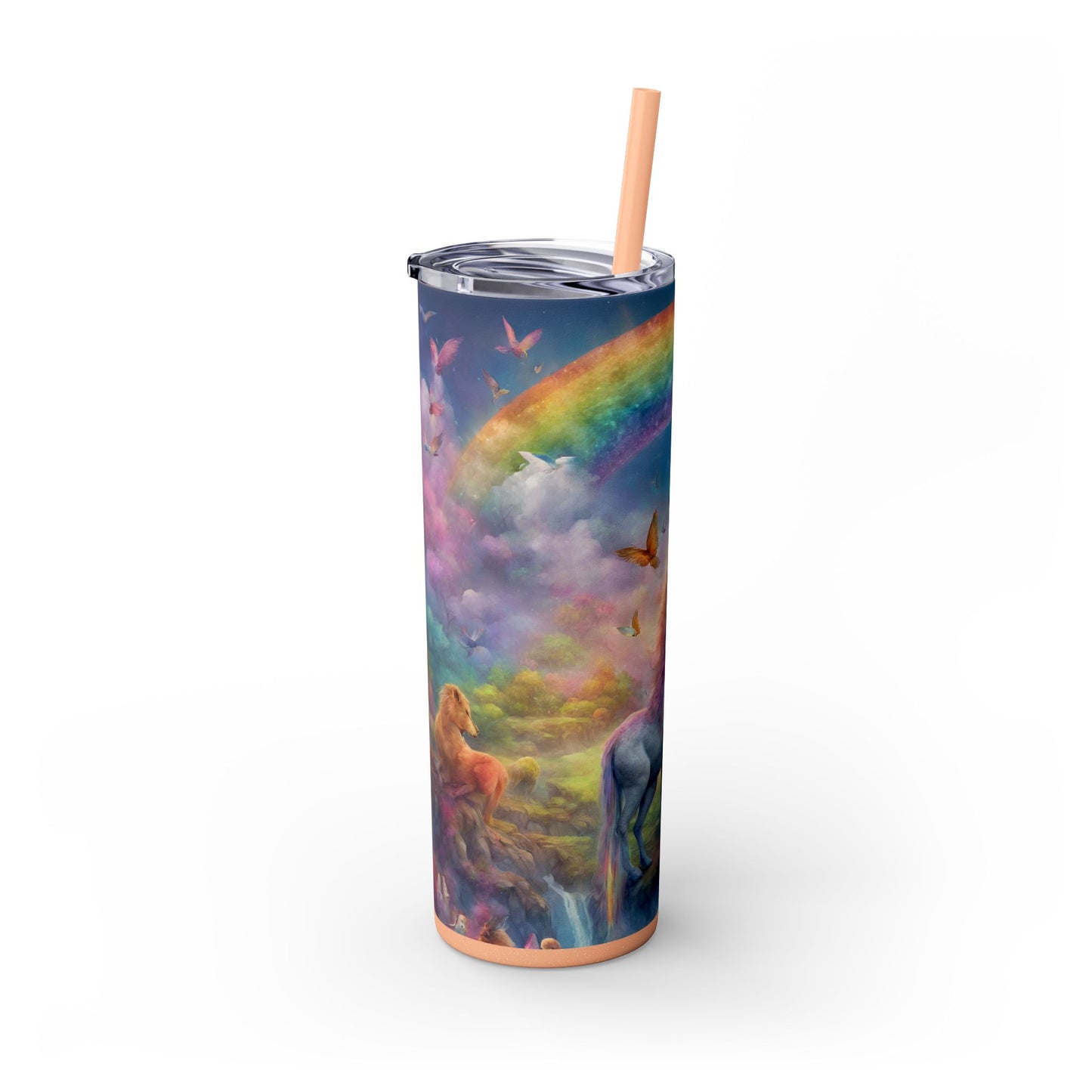 Girls Rainbow Unicorn Tumbler, Skinny Drinking Hot Cold Traveler, Mystical Fantasy Liquid Cup