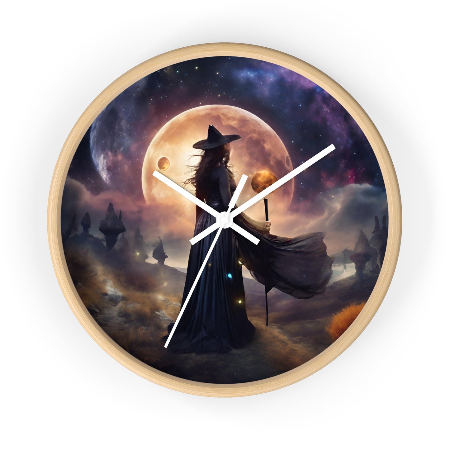 Wiccan Moon Wall Art Clock | Mystical Fantasy Galaxy Witch Pagan Astronomy Wall Hanging | Home Office Lunar Witchcraft Wall Decor Gift