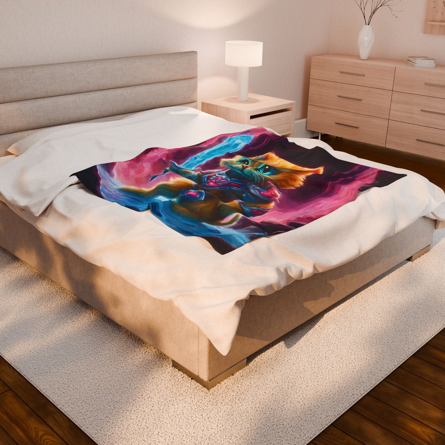 Warrior Cat Blanket, Waterfall Cat Plush Throw Blanket, Neon Sword Seeker, Armored Kitty Bed Cover, Glowing Cave Bedroom Twin Cover