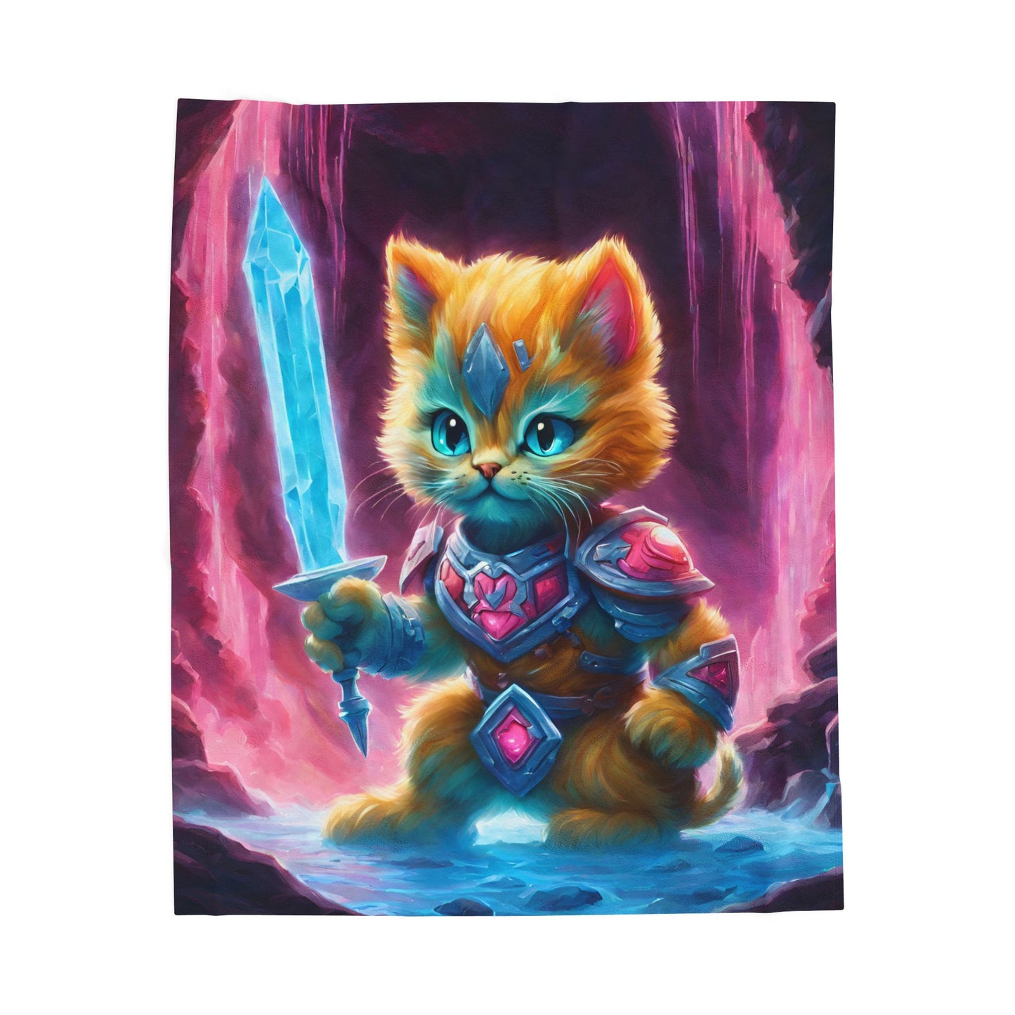 Warrior Cat Blanket, Waterfall Cat Plush Throw Blanket, Neon Sword Seeker, Armored Kitty Bed Cover, Glowing Cave Bedroom Twin Cover