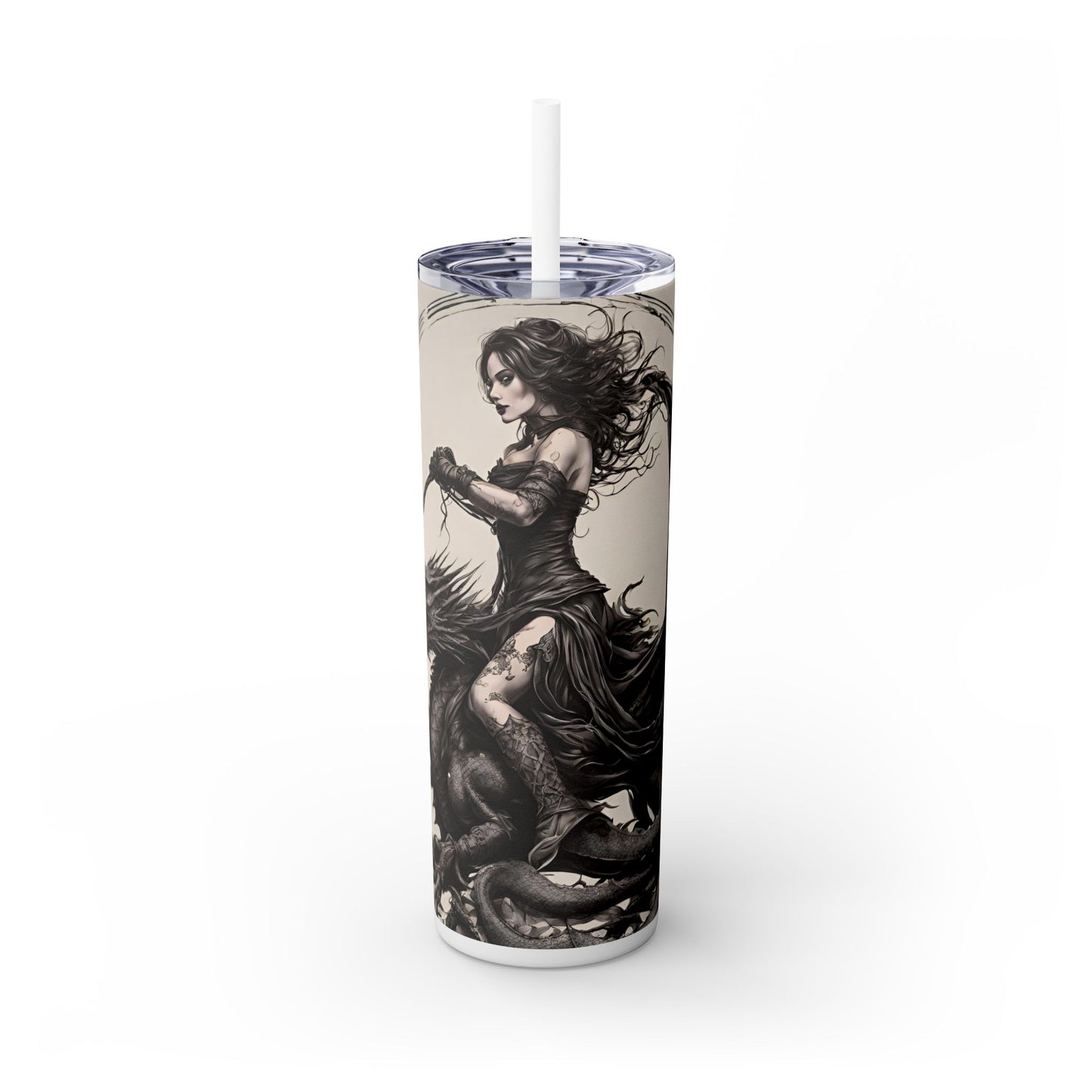 Gothic Medieval Flying Dragon Tumbler, Beautiful Woman Beast Rider Drinking Traveler, Dark Fantasy Liquid Cup