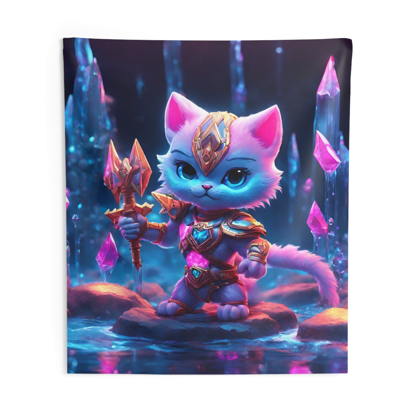 Warrior Cat Crystal Cavern Tapestry, White Armored Kitten Golden Weapon Wall Hanging, Pink Rock Mystical Cave River Graphic Tapestry