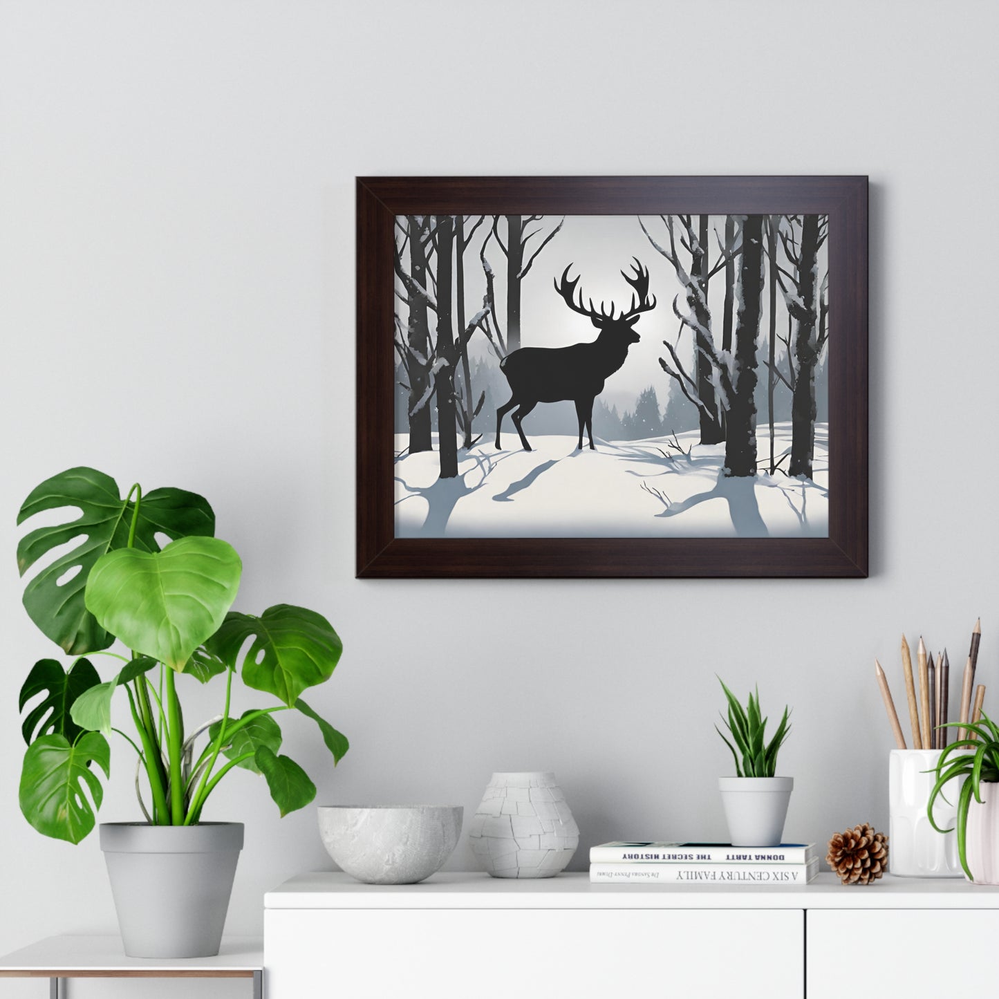 Animal Wall Art, Deer Hunter Picture, Big Buck Print, Hunting Cabin, Shadow Wall Hanging, Winter Snow Image, Living Room Poster, Framed Art