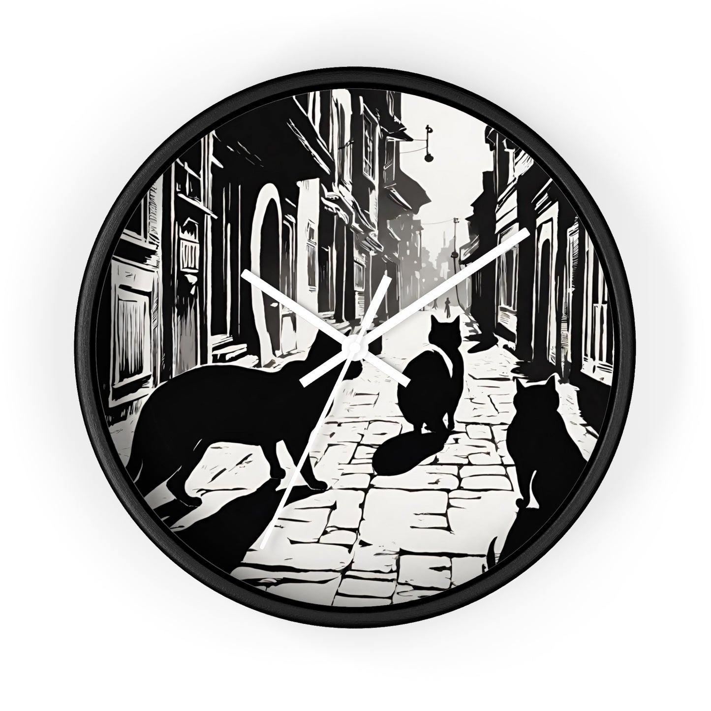 Cat Wall Art Clock | Shadow Feline Figures Town Wall Hanging | Home Office Cat Lovers Gift