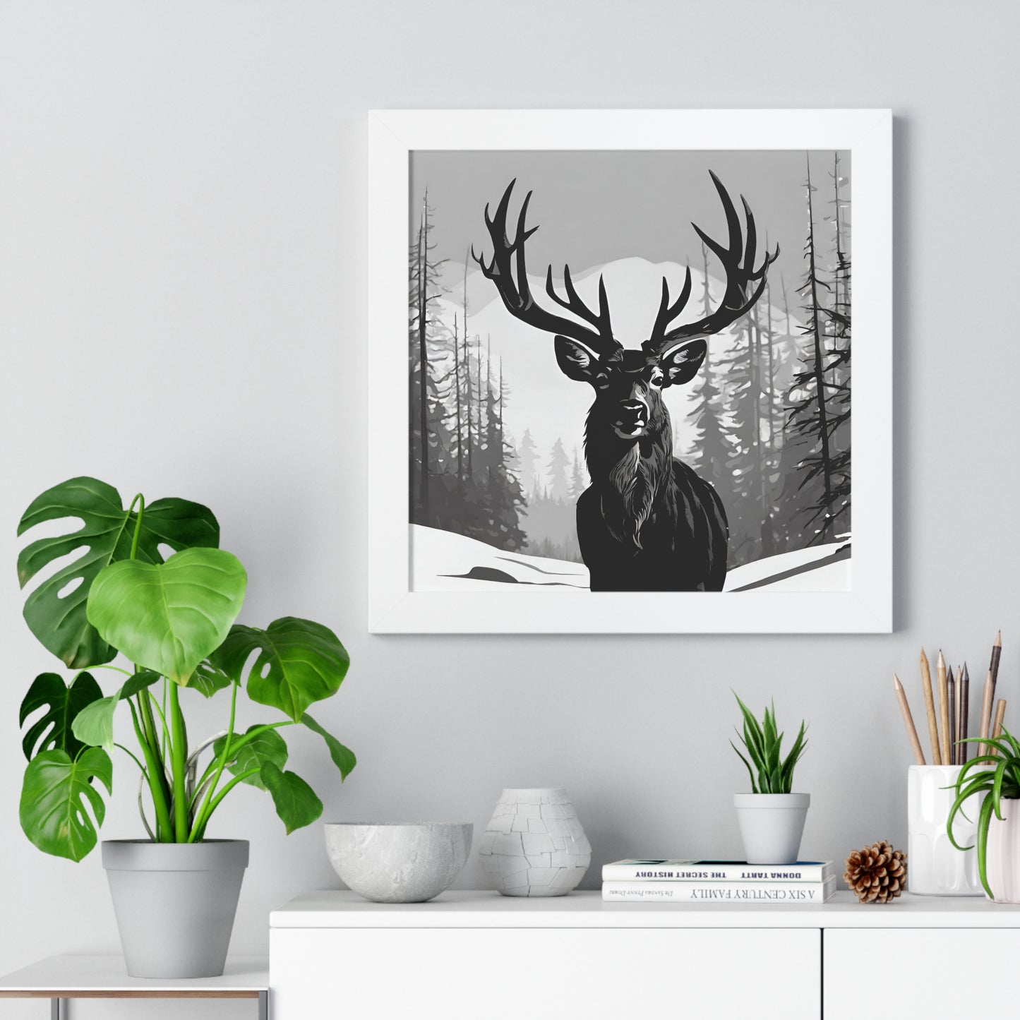 Animal Wall Art, Deer Hunter Picture, Big Buck Print, Hunting Cabin, Shadow Wall Hanging, Winter Snow Image, Living Room Poster, Framed Art