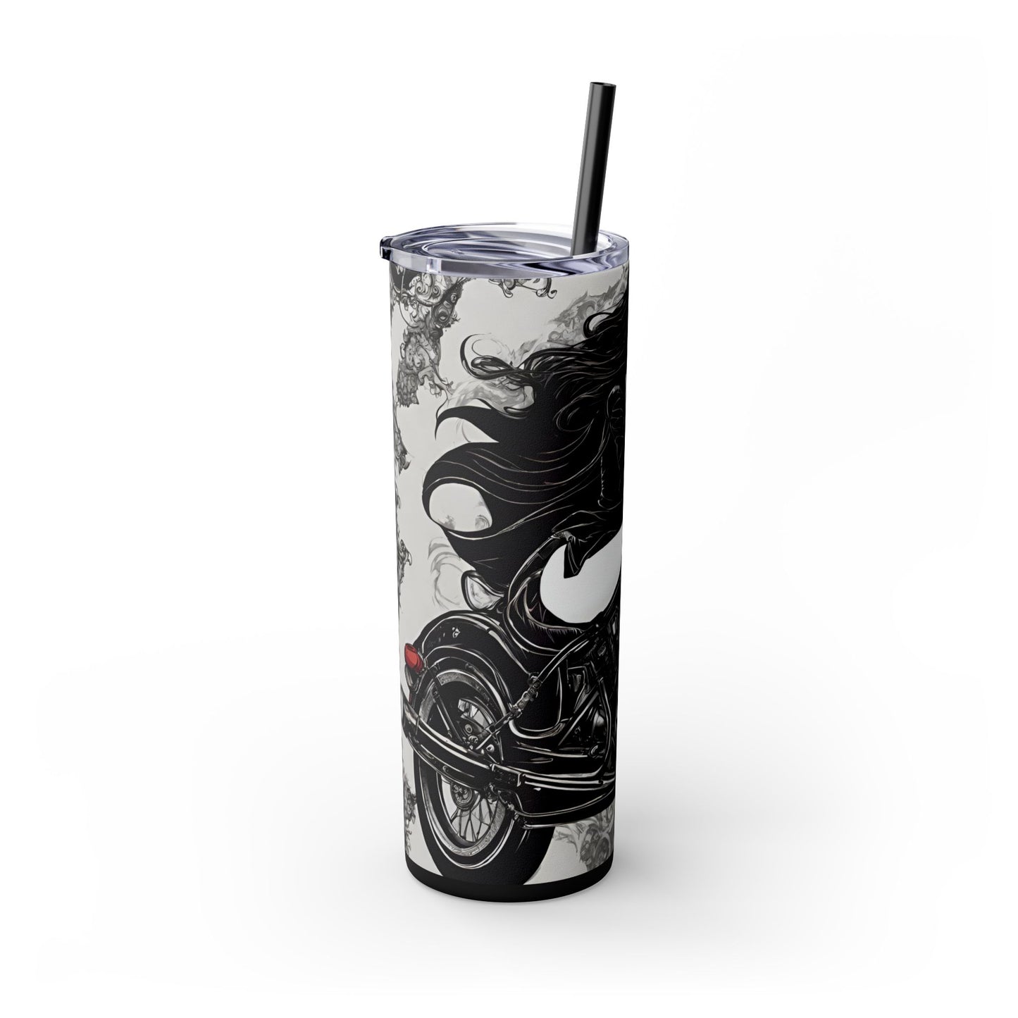 Gothic Beauty Biker Skinny Tumbler, Biker Babe Motorcycle Traveler, Leather Clad Hot or Cold Drinking Cup, Exercise Workout Beverage Holder