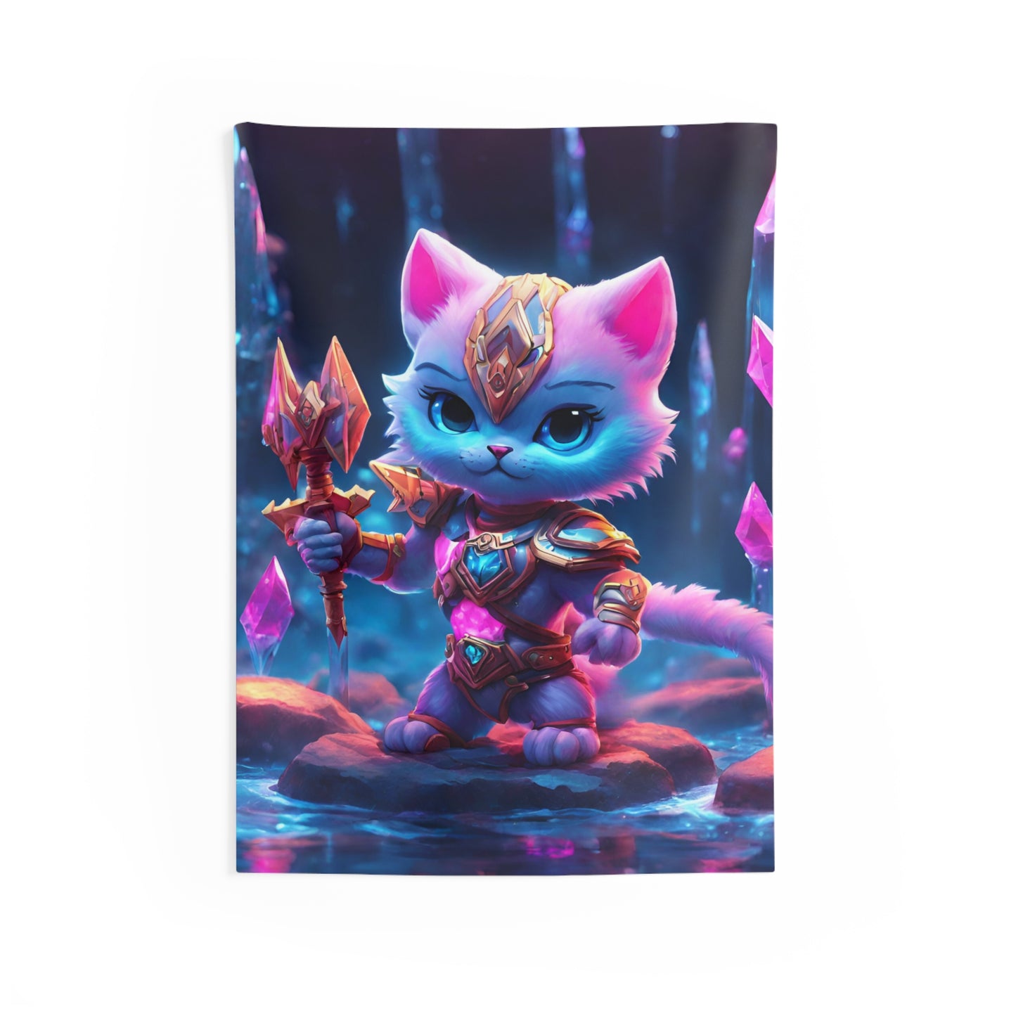 Warrior Cat Crystal Cavern Tapestry, White Armored Kitten Golden Weapon Wall Hanging, Pink Rock Mystical Cave River Graphic Tapestry
