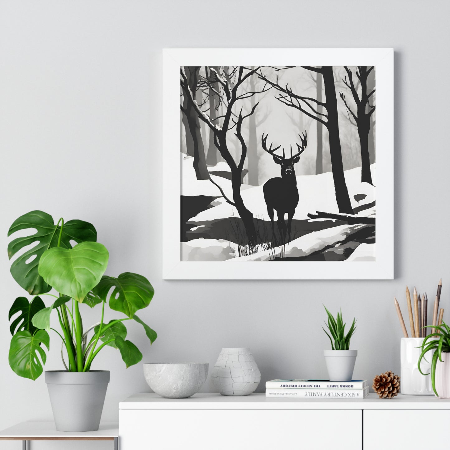 Animal Wall Art, Deer Hunter Picture, Big Buck Print, Hunting, Snowy, Creek, Shadow Wall Hanging, Winter Snow Image, Living Room Poster