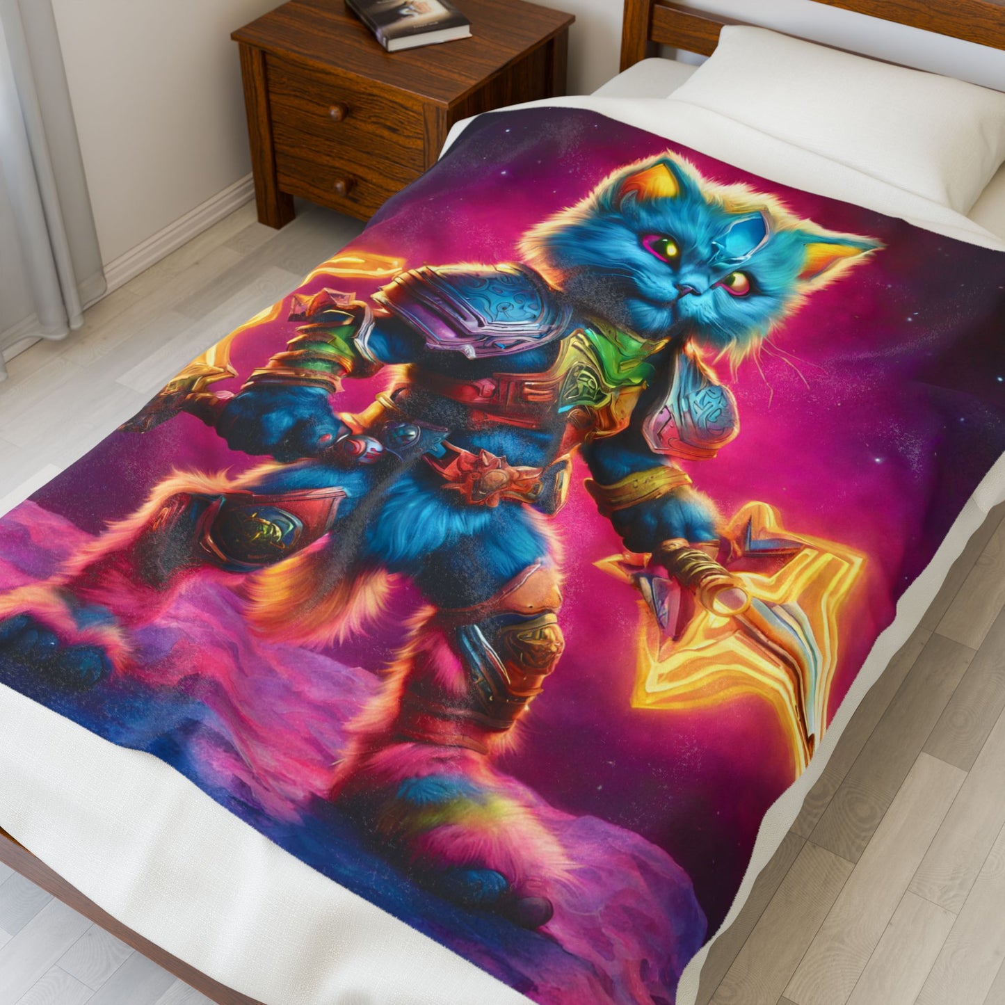 Rainbow Neon Warrior Cat Blanket, Glowing Feline Couch Throw, Armored Fighter Kitten Bed Cover, Awesome Kid or Adult Gift Bedroom Cover