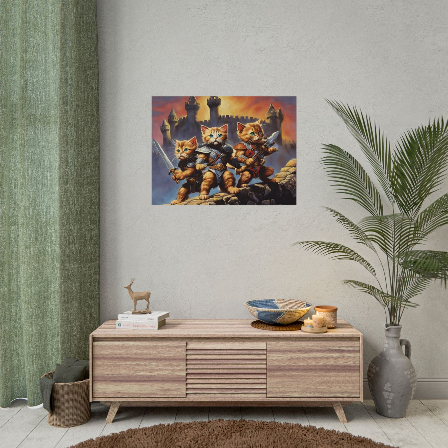 Cat Battler Warrior Poster, Office Bedroom Man Cave Portrait, Sword Wielding Cat Universe, Kitten Fighters Fantasy Wall Hanging