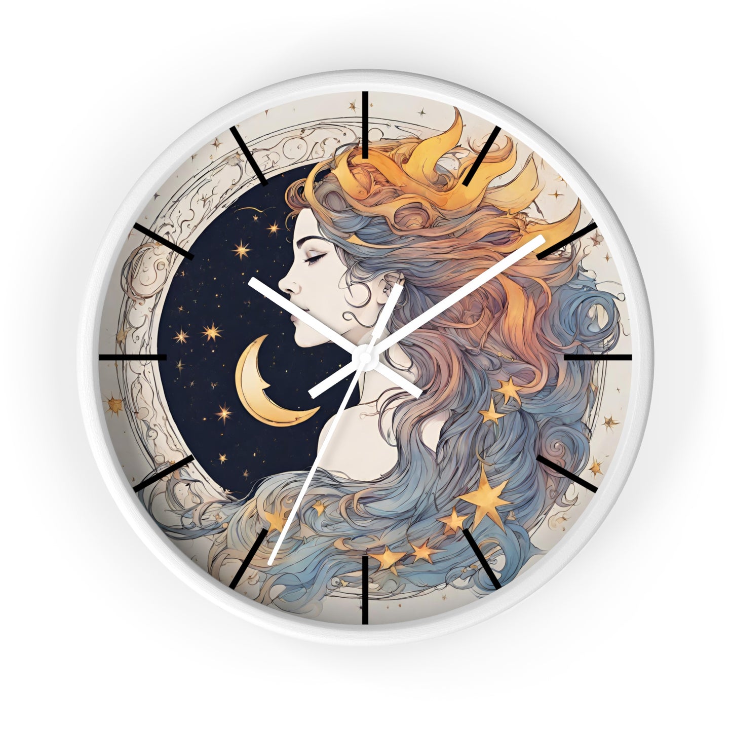 Moon Goddess Lined Wall Art Clock | Lunar Stars & Space Astronomy Wall Hanging | Woman of Time Home Office Solar System Wall Decor Gift