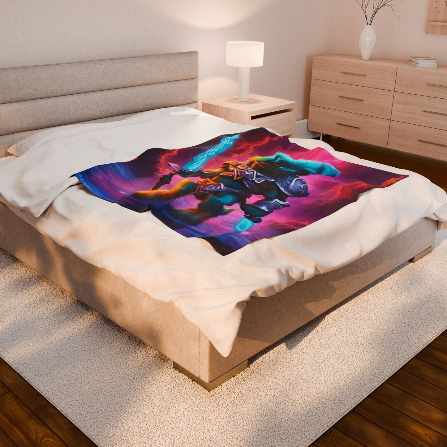Warrior Puppy Blanket, Waterfall Dog Plush Throw Blanket, Neon Sword Seeker, Armored Pup Bed Cover, Glowing Cave Bedroom Twin Cover