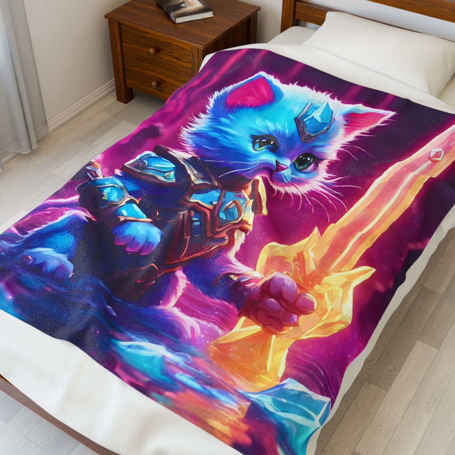 Warrior Cat Crystal Sword Blanket, Glowing Neon Cave Plush Sheet Blanket, Armored Kitten Bed Cover, Shielded Mystic Blade Bedroom Throw