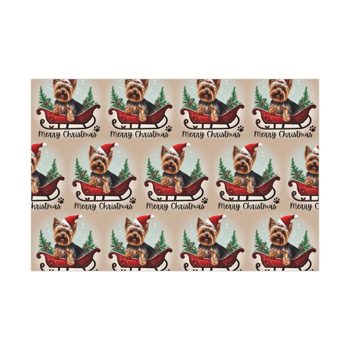 Dog Christmas Wrapping Paper, Yorkshire Terrier Sled Xmas Wrap, Santa Hat Yorkie Gift Wrap, Holiday Gift Wrap Roll